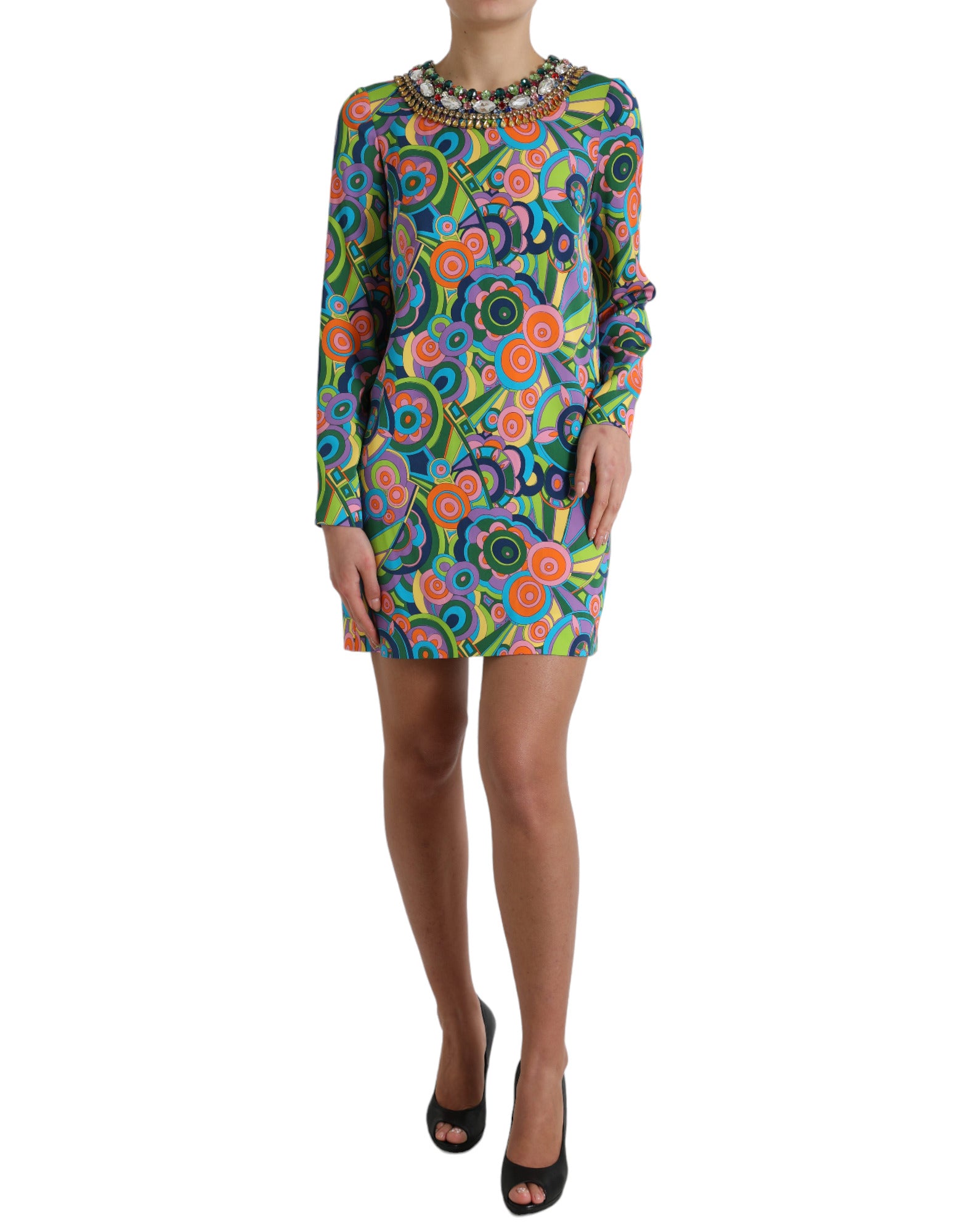 Multicolor geometrische print zijden kristallen midi-jurk