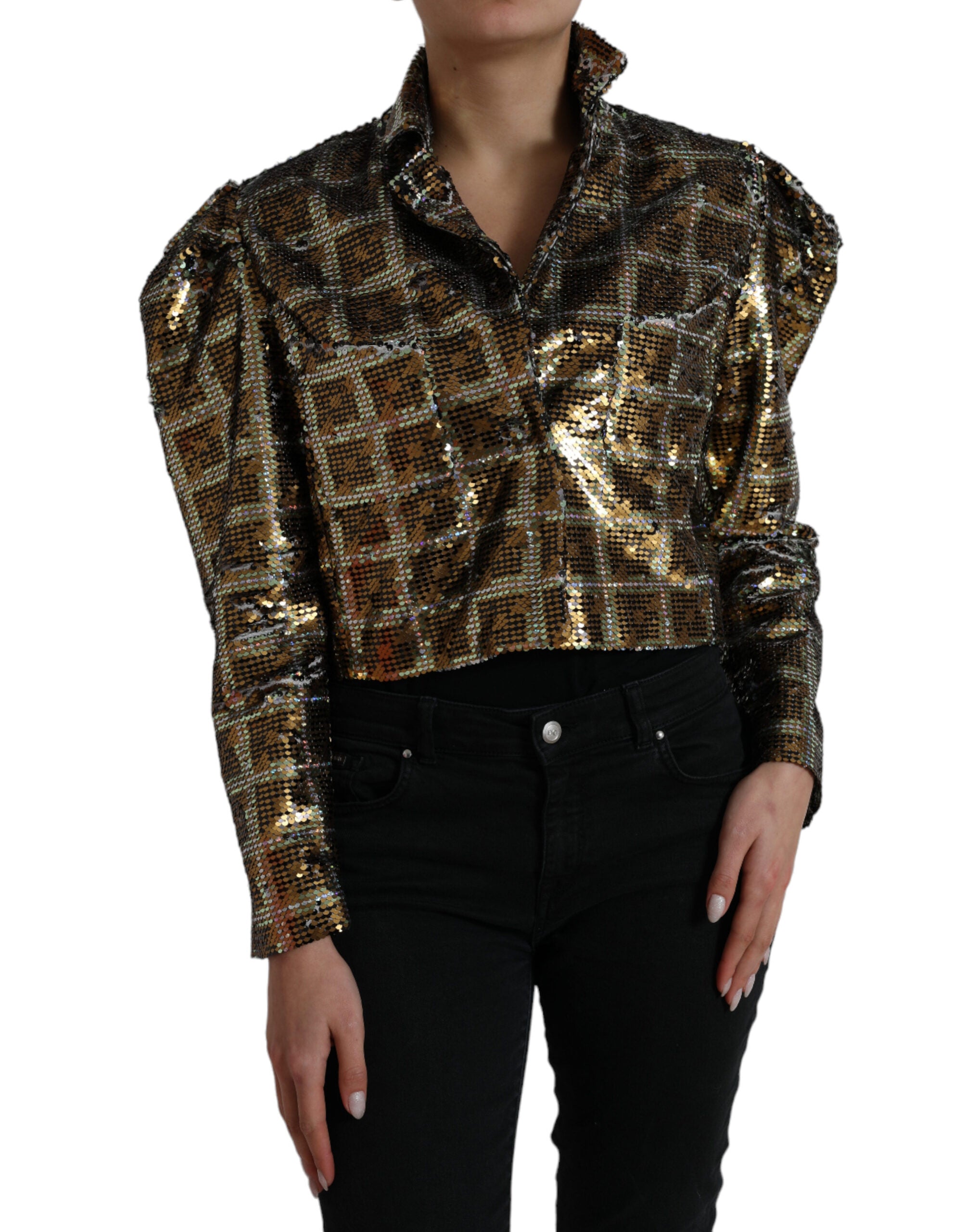 Meerkleurige polyester pailletten cropped jas