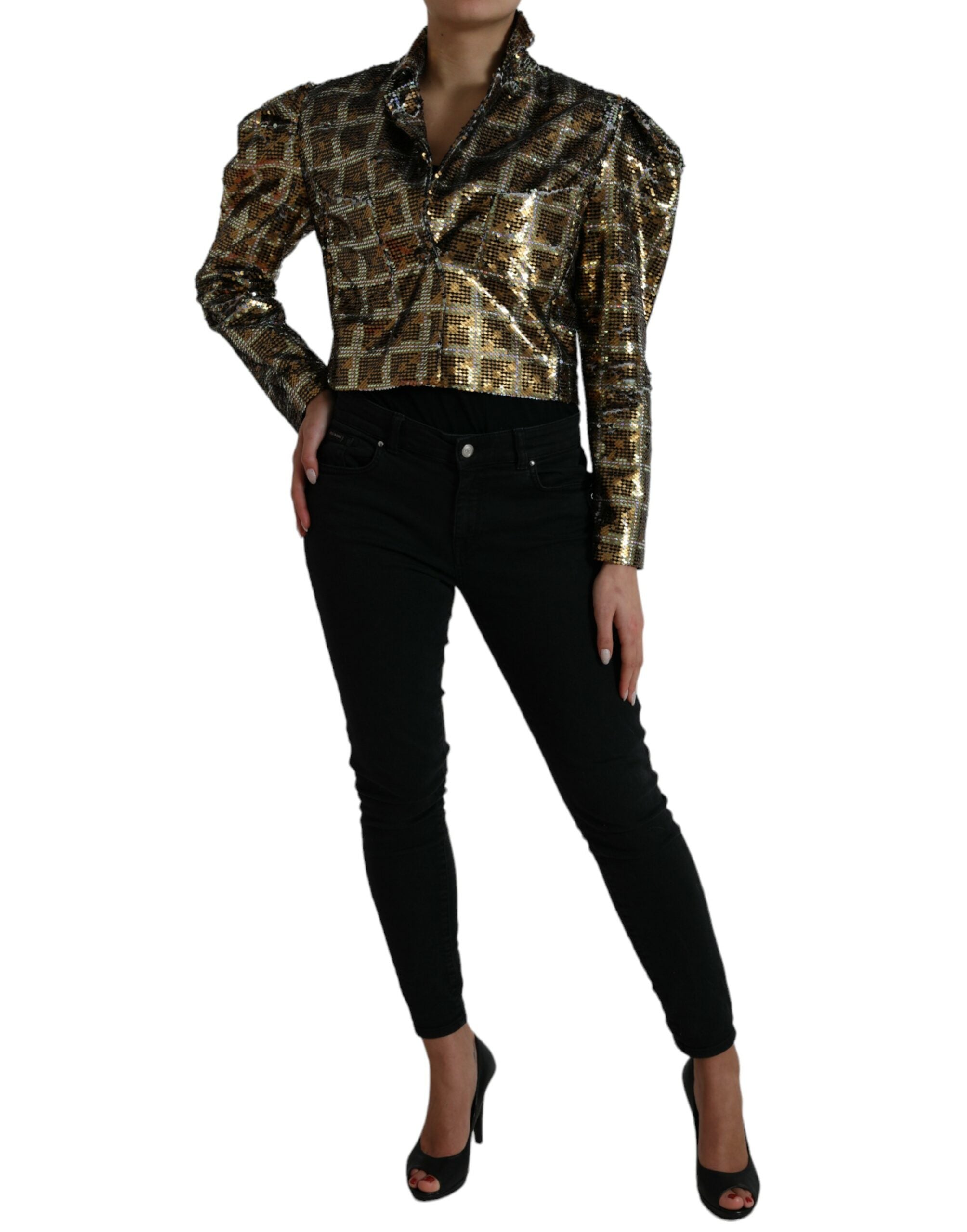 Meerkleurige polyester pailletten cropped jas
