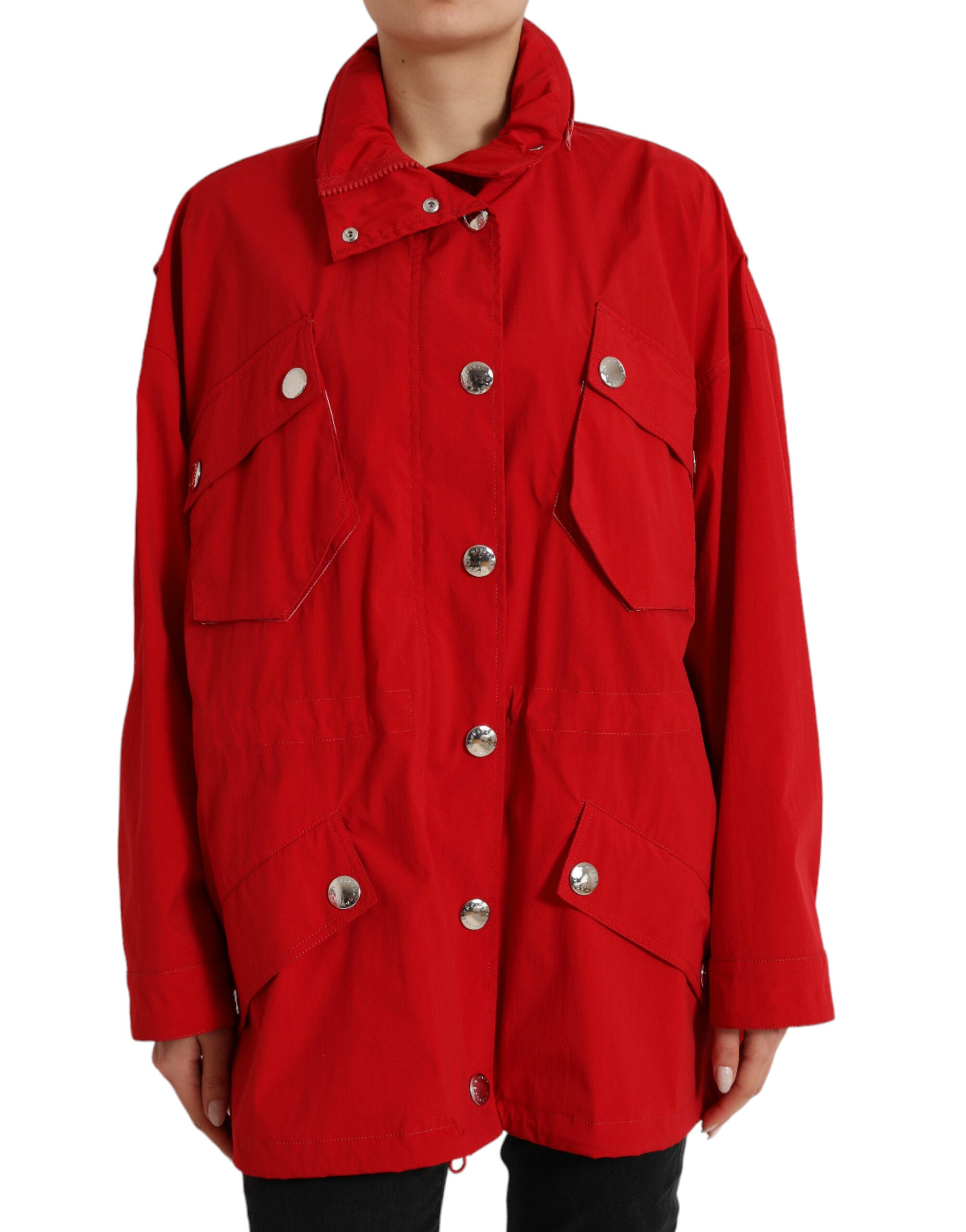 Rode polyester regenjas met capuchon en knopen