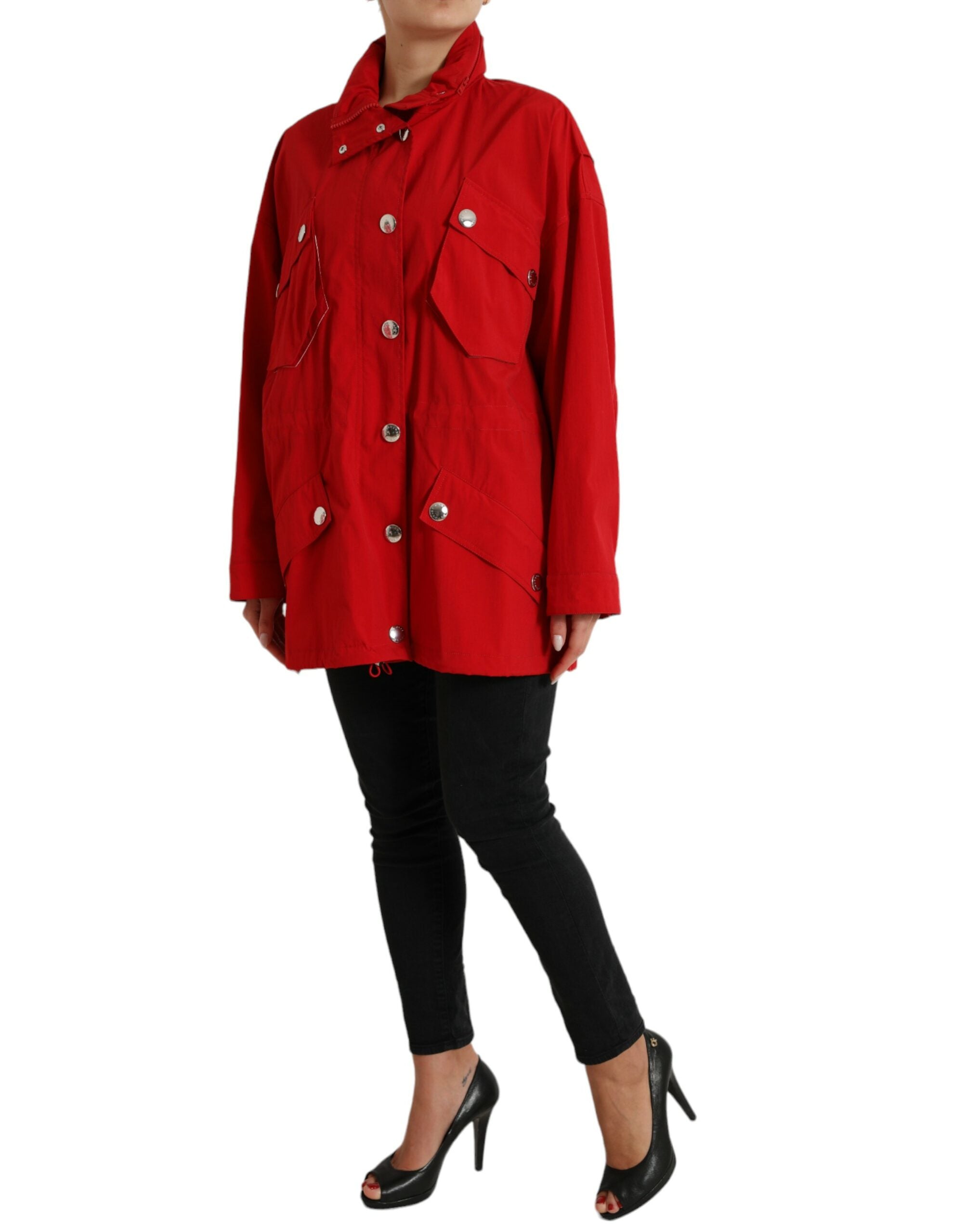 Rode polyester regenjas met capuchon en knopen