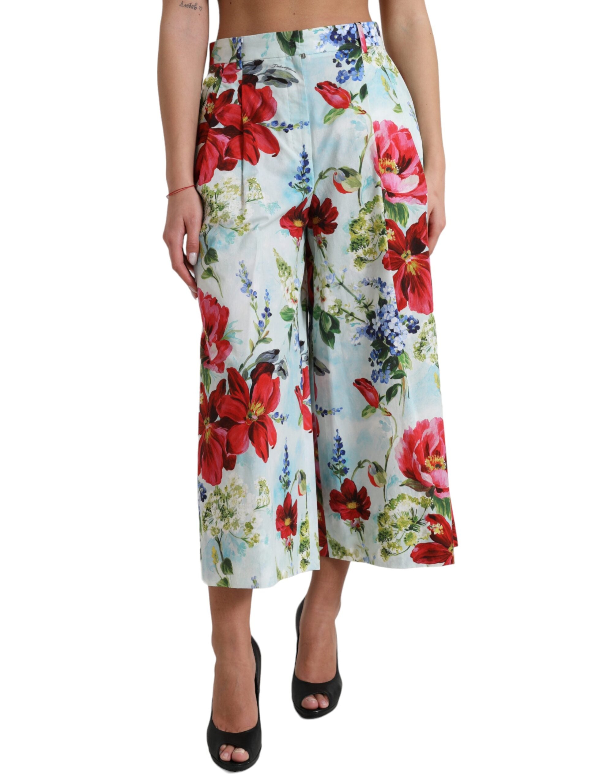 Multicolor bloemen hoge taille wijde broek