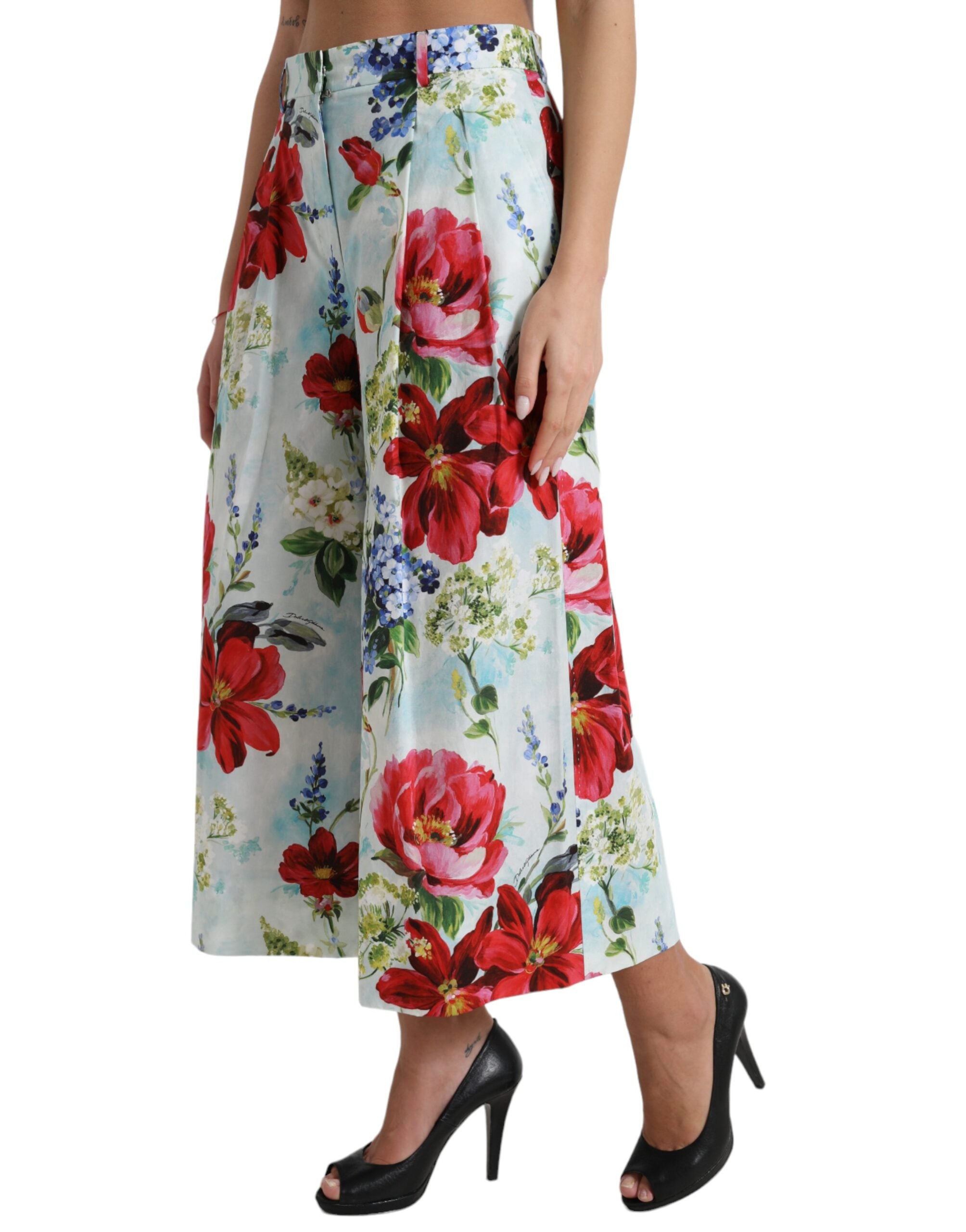 Multicolor bloemen hoge taille wijde broek
