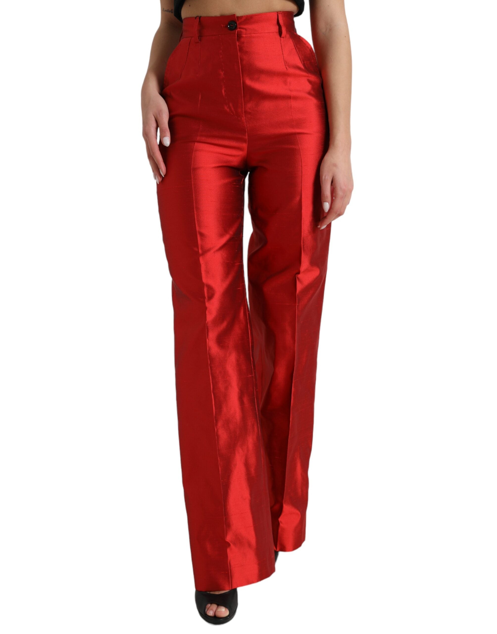 Rode satijnen zijden broek met hoge taille en wijde pijpen
