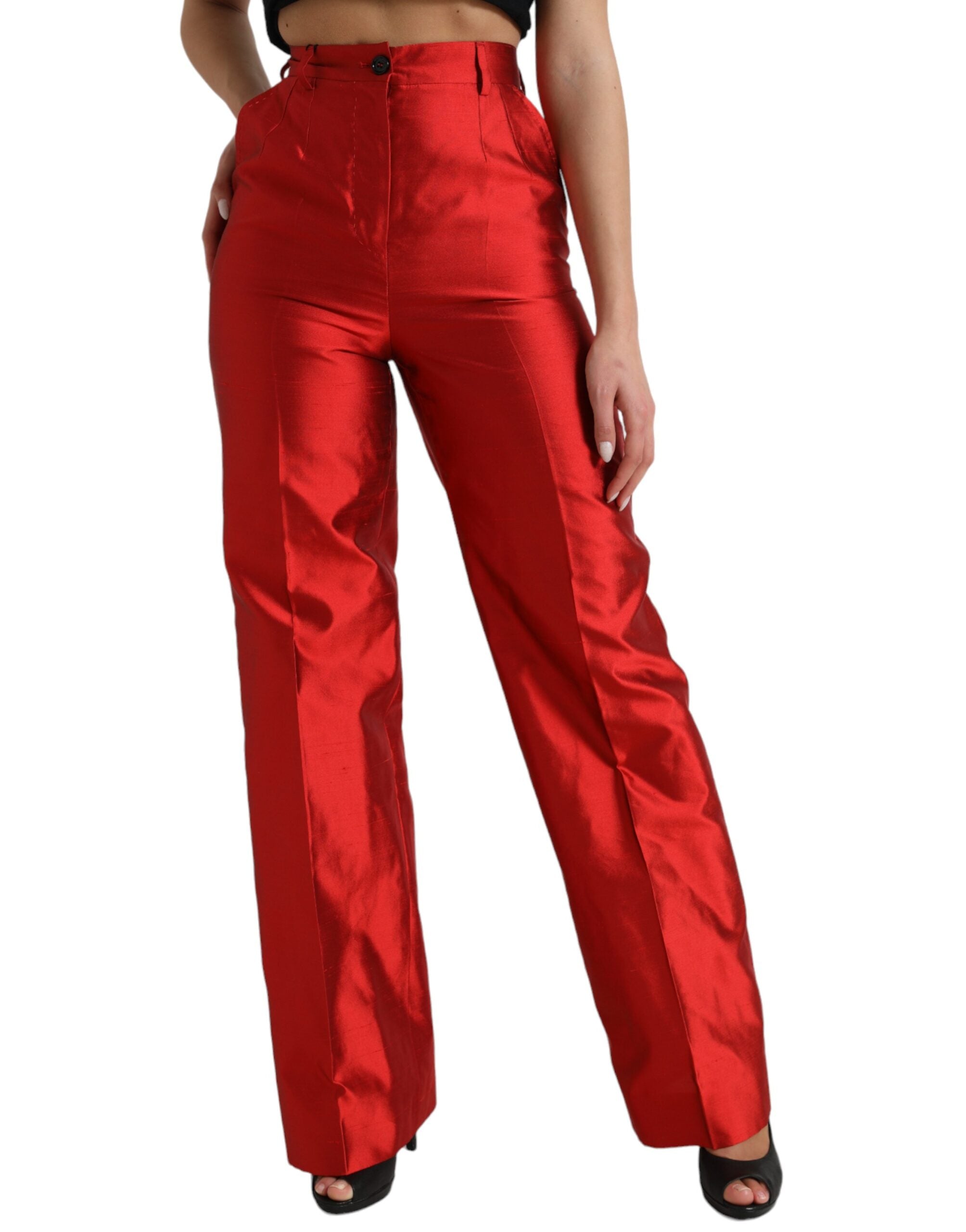 Rode satijnen zijden broek met hoge taille en wijde pijpen