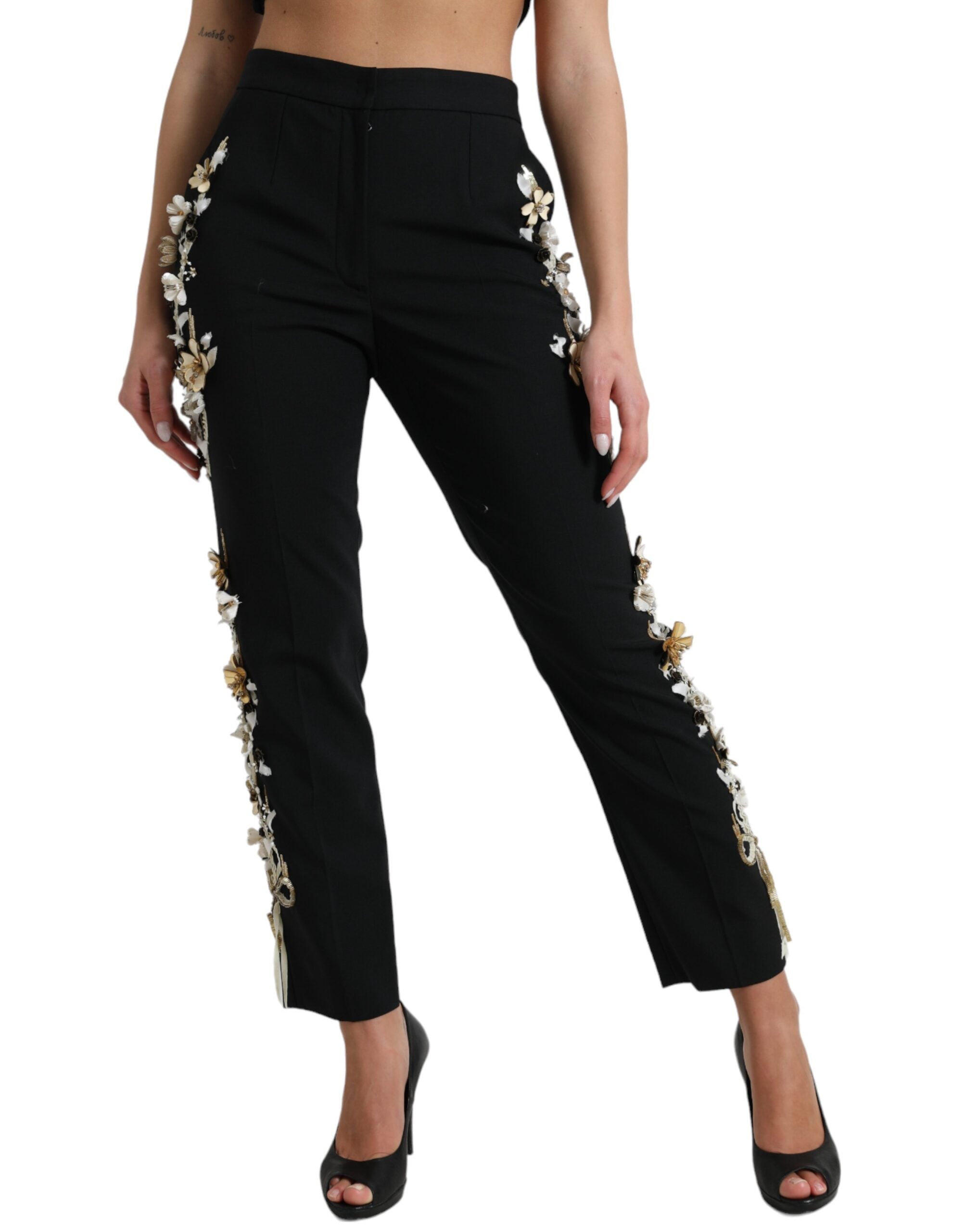Zwarte bloemenapplicatie hoge taille taps toelopende broek