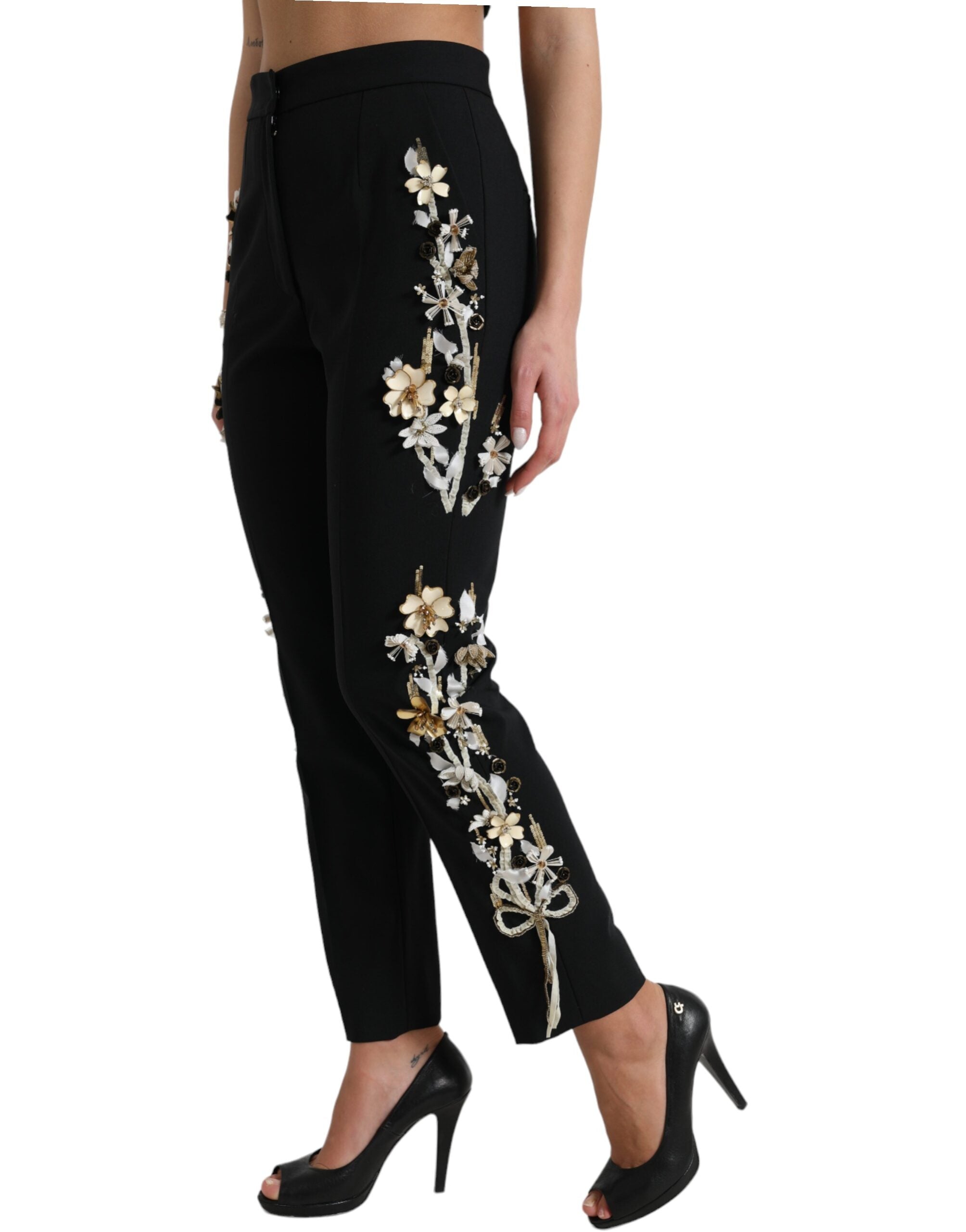 Zwarte bloemenapplicatie hoge taille taps toelopende broek