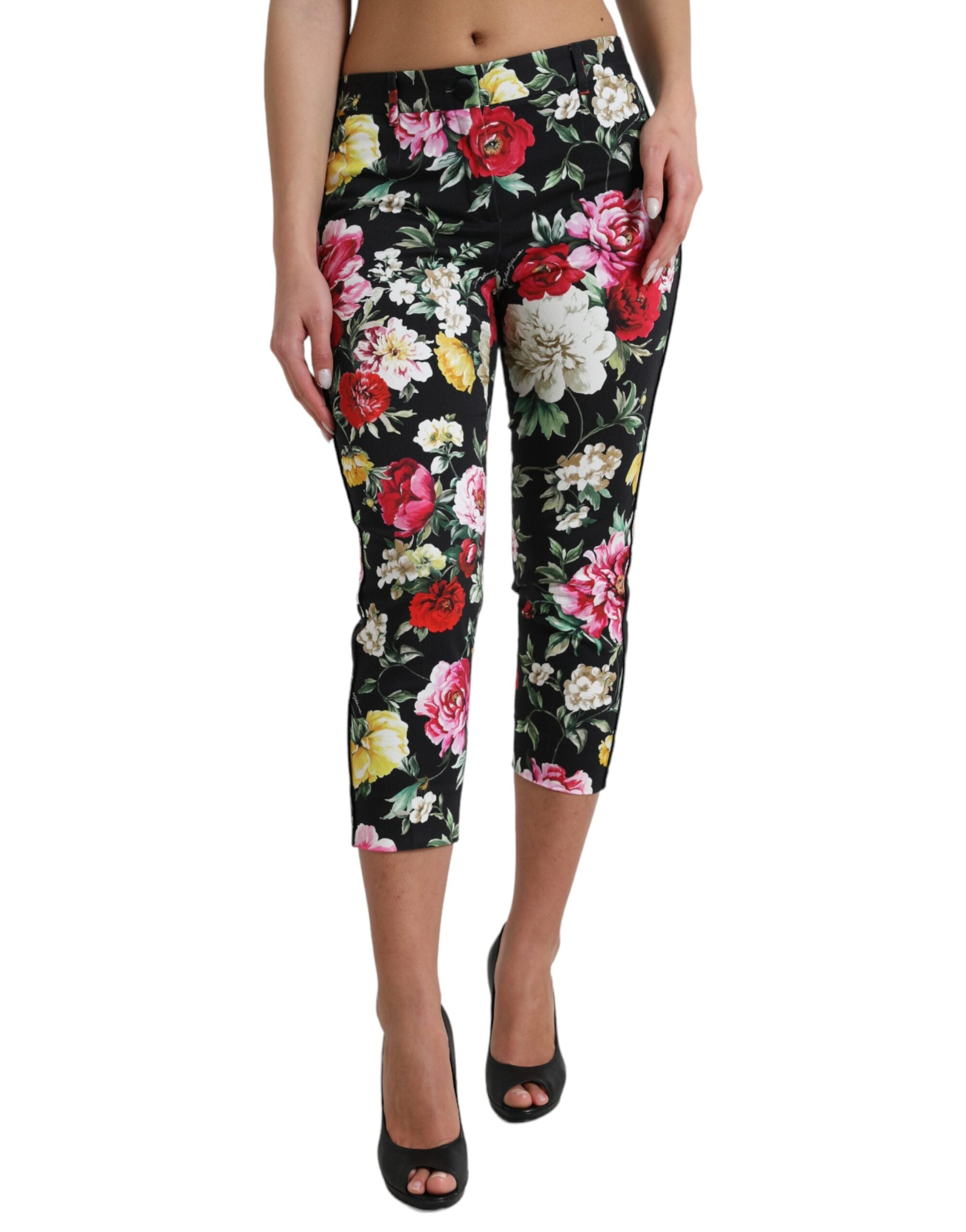 Zwarte cropped broek met bloemenprint en middelhoge taille