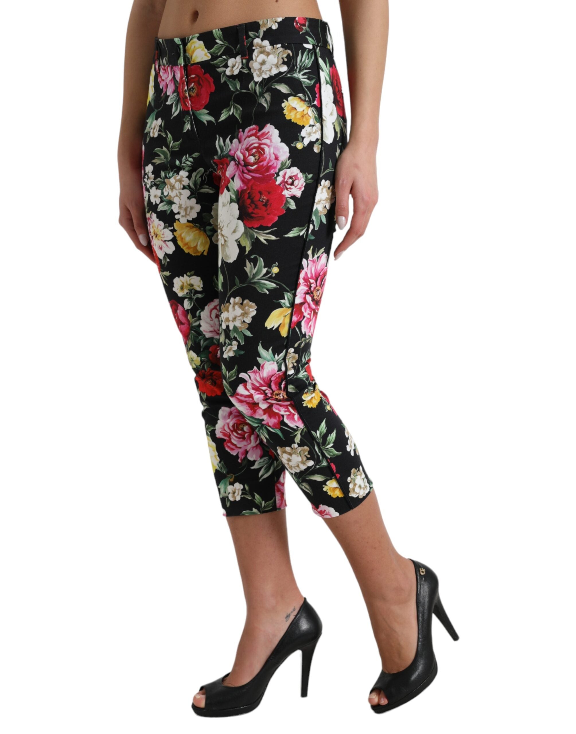 Zwarte cropped broek met bloemenprint en middelhoge taille