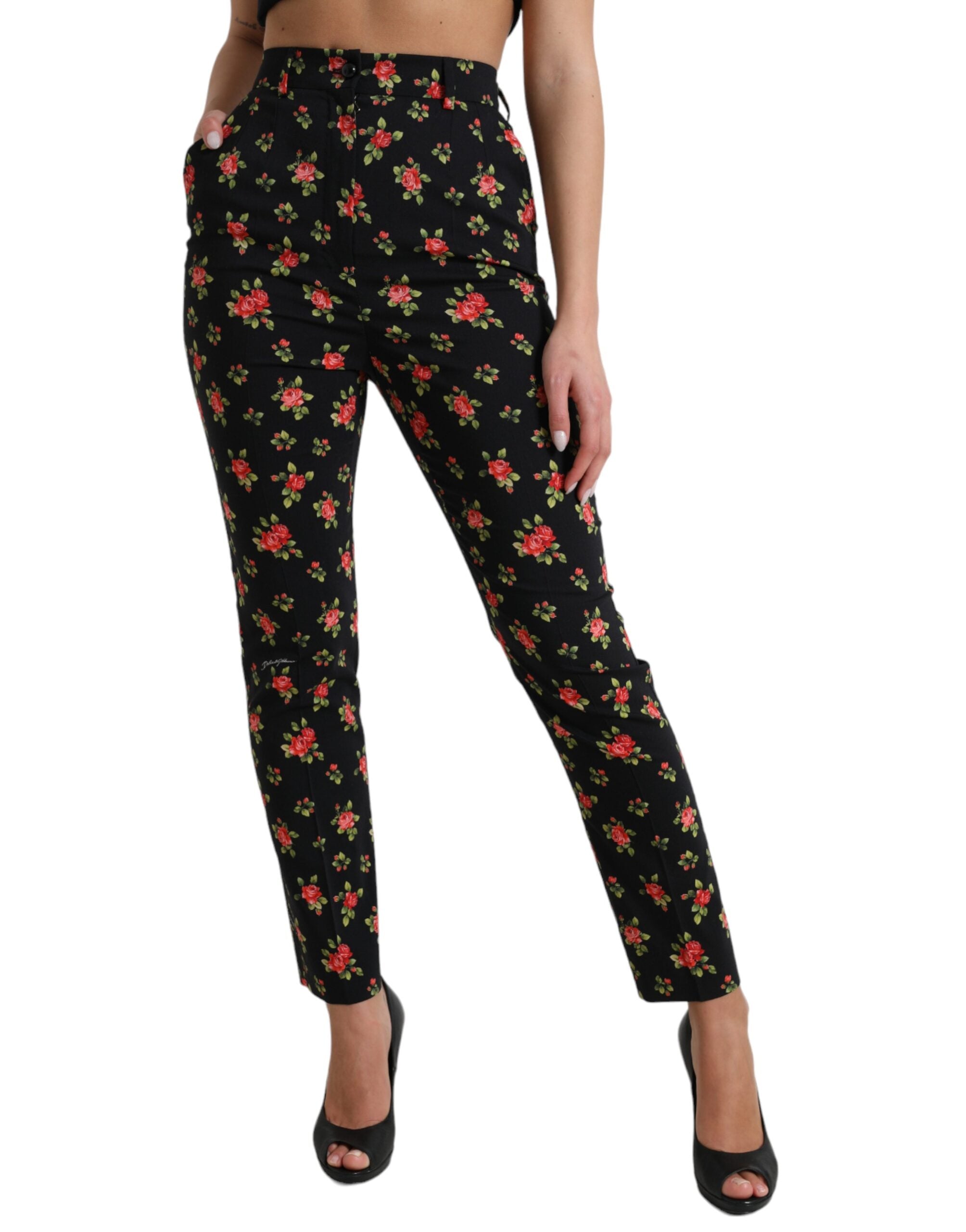 Zwarte bloemen wollen hoge taille taps toelopende broek