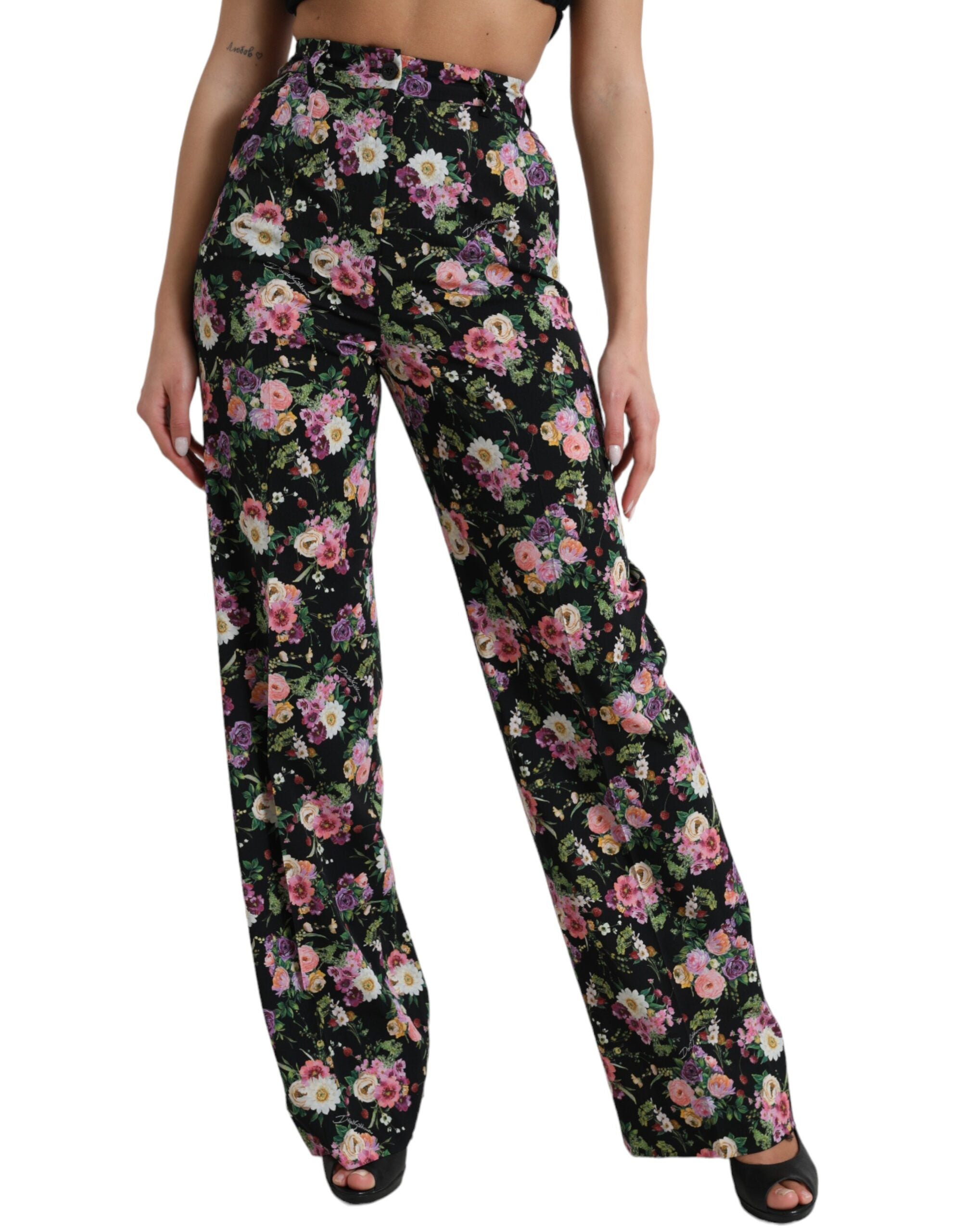 Zwarte wollen broek met hoge taille en wijde pijpen