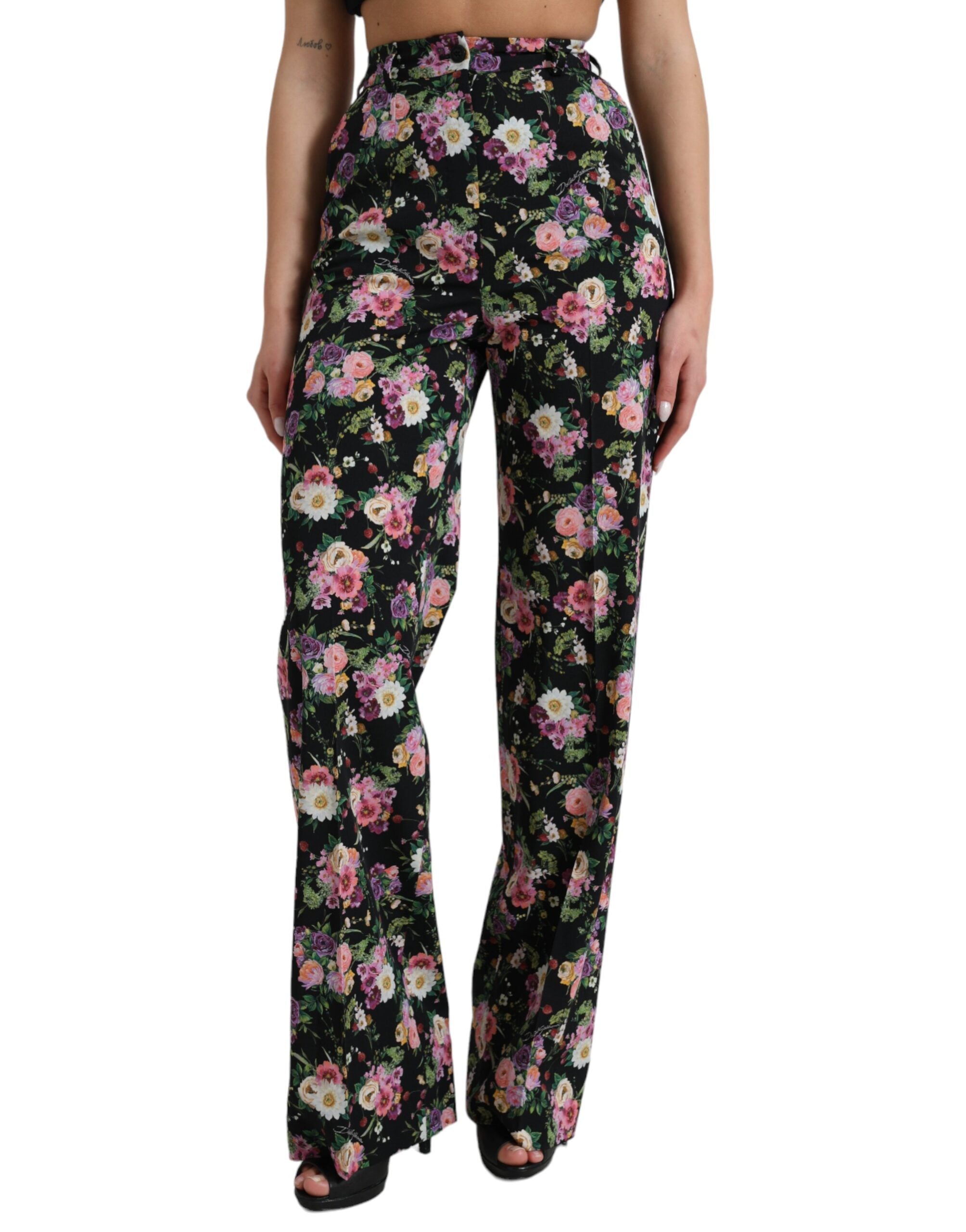 Zwarte wollen broek met hoge taille en wijde pijpen