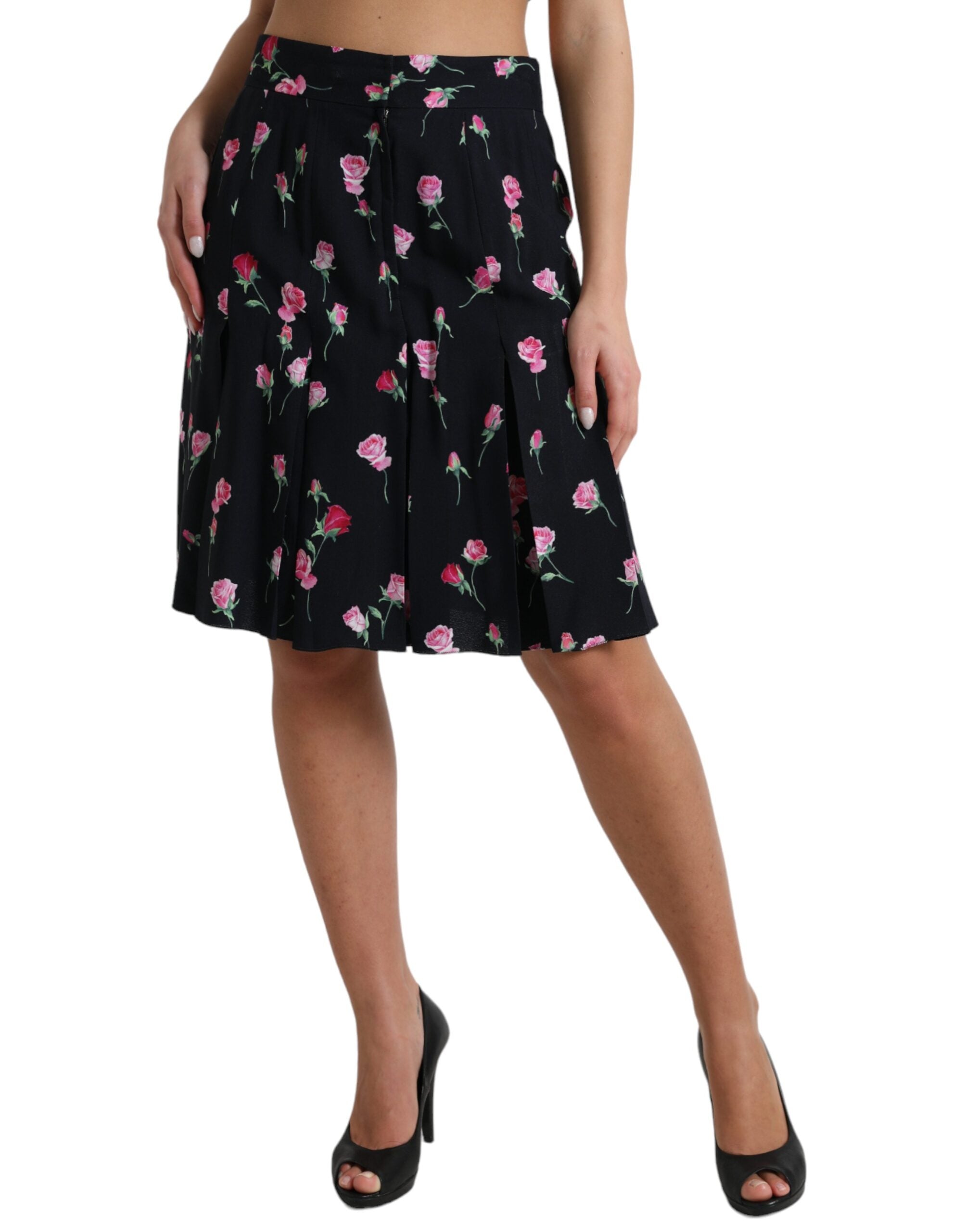 Zwarte rozen hoge taille A-lijn knielange rok