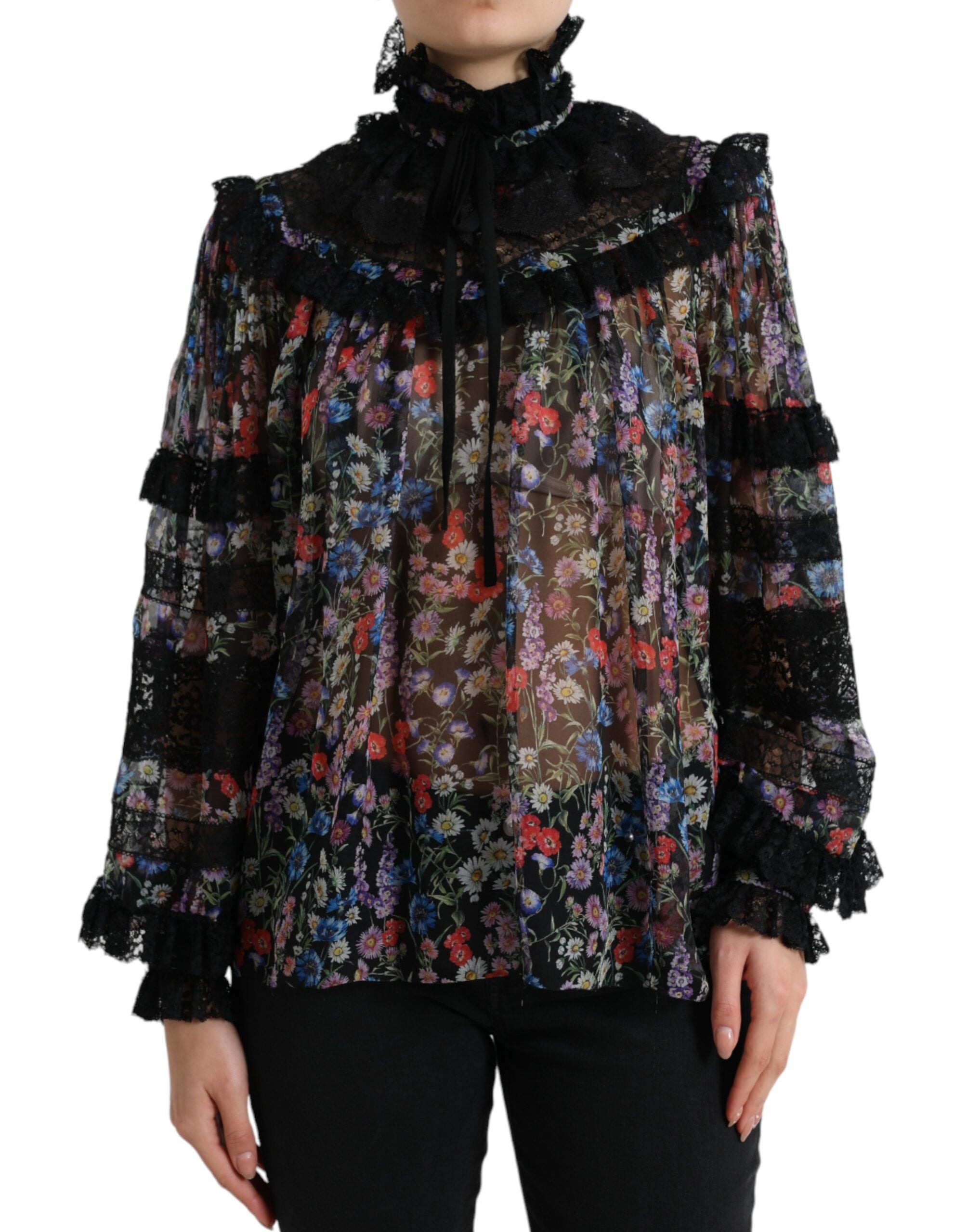 Zwarte blouse met lange mouwen en bloemenprint