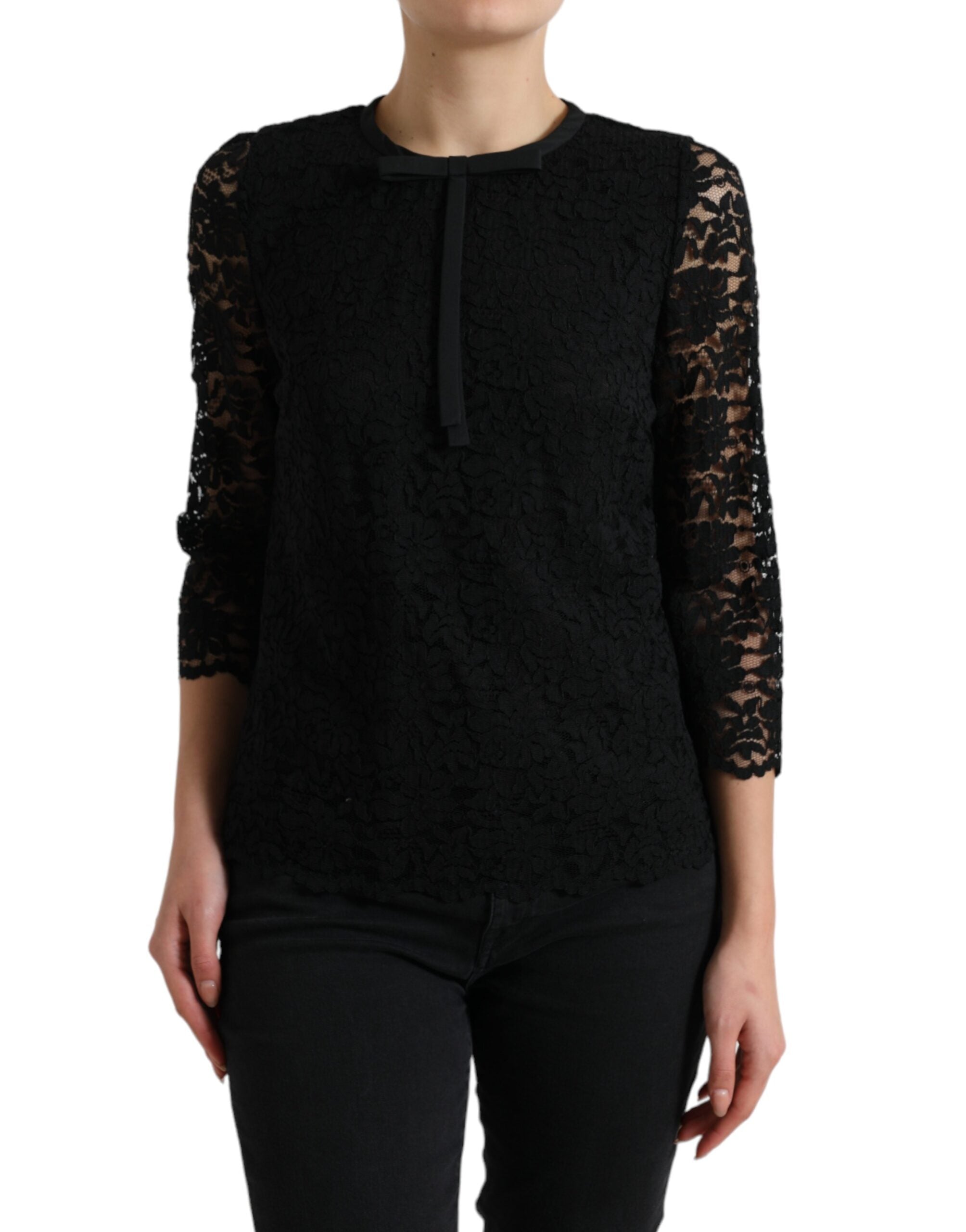 Zwarte STAFF blouse met bloemenkant en nylon top