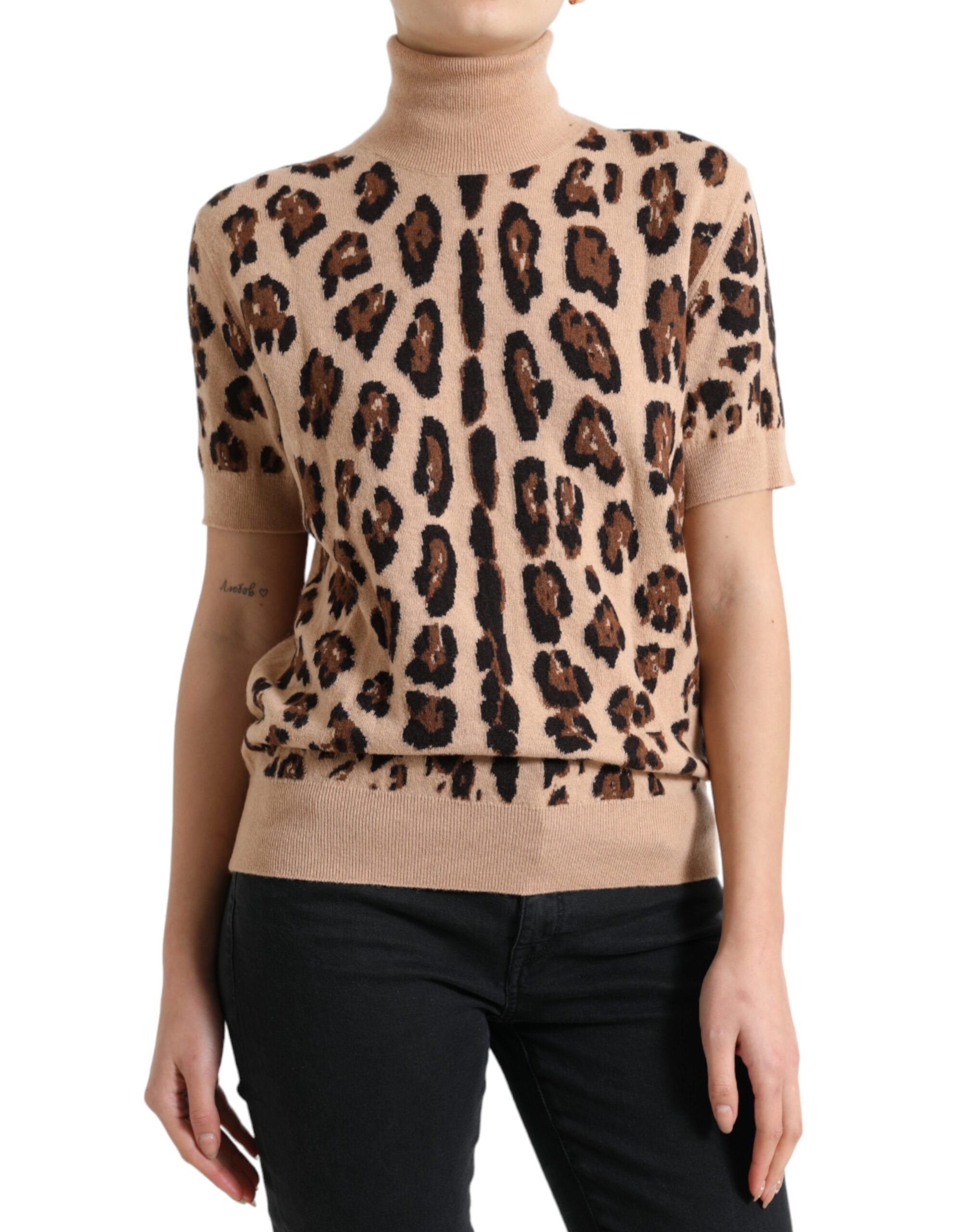 Beige luipaardprint wollen coltrui