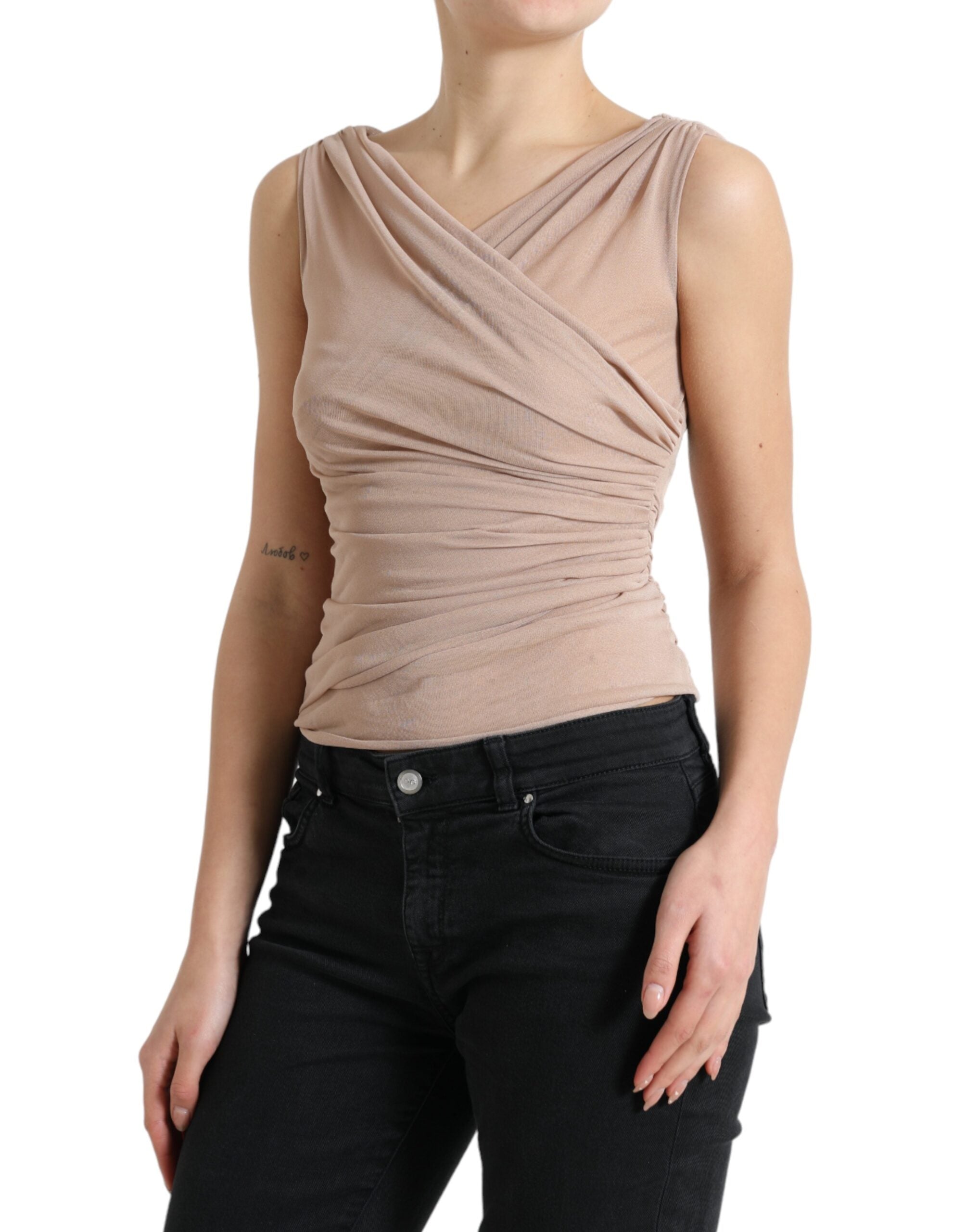 Beige viscose tanktop met V-hals en mouwloos patroon