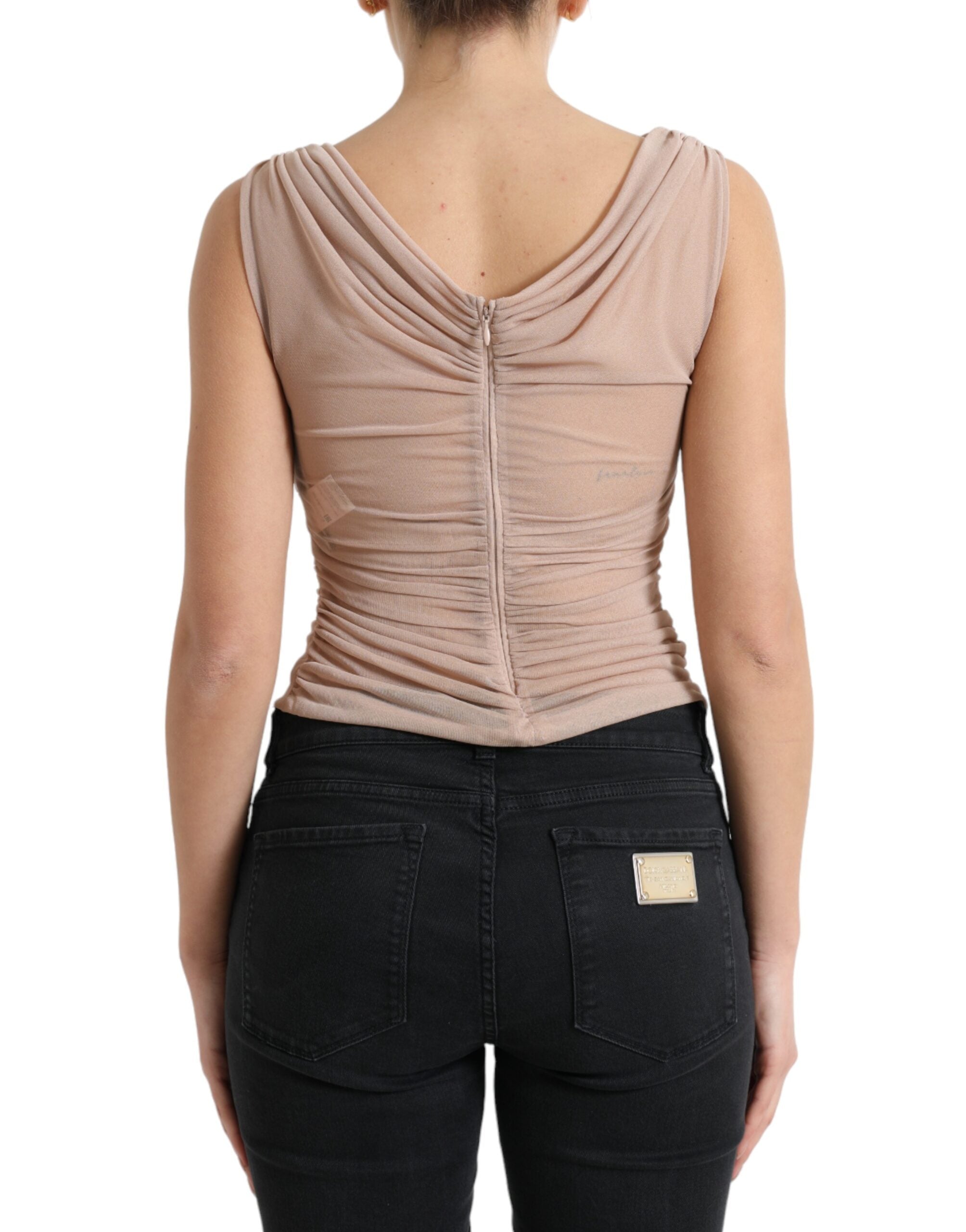 Beige viscose tanktop met V-hals en mouwloos patroon
