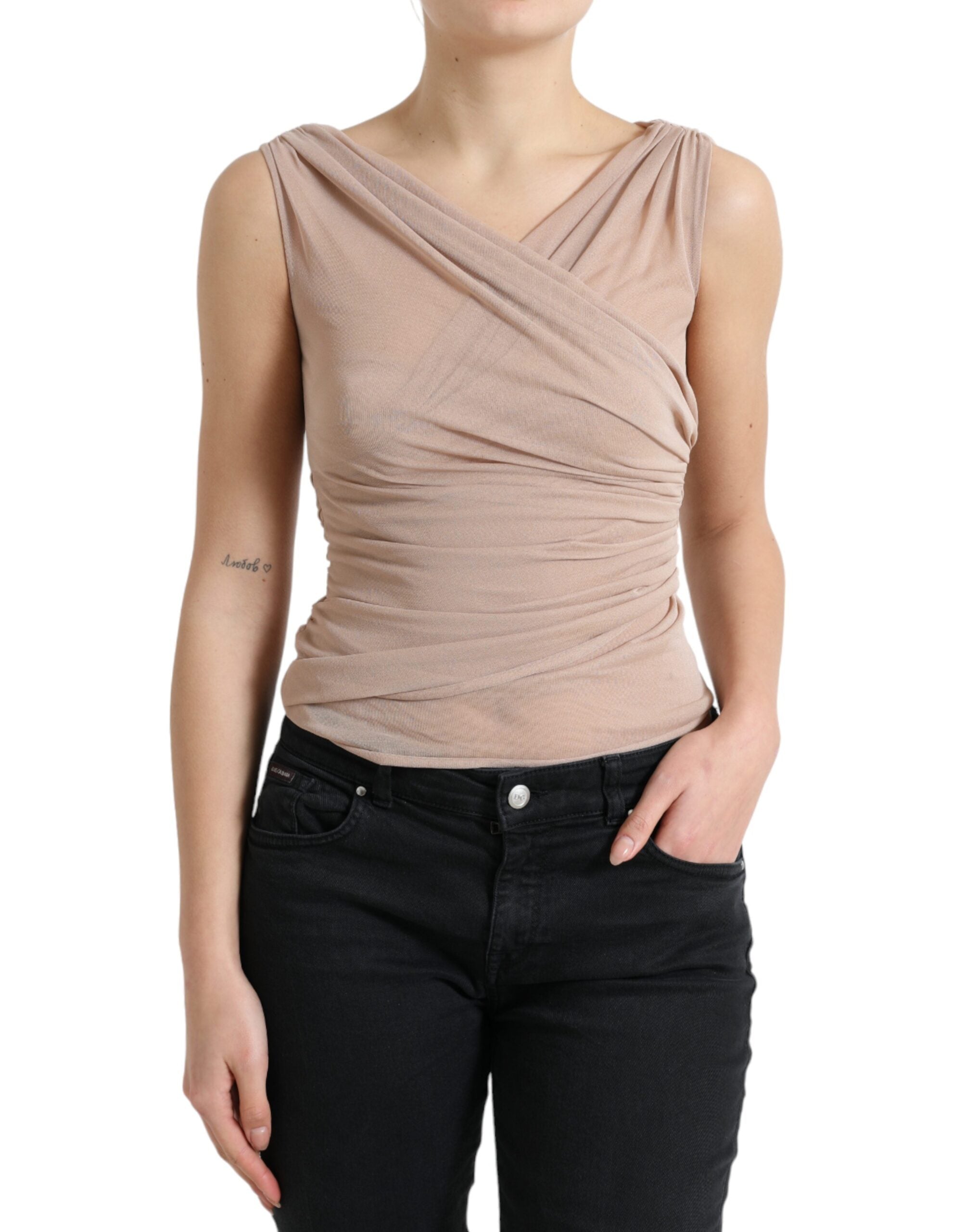 Beige viscose tanktop met V-hals en mouwloos patroon