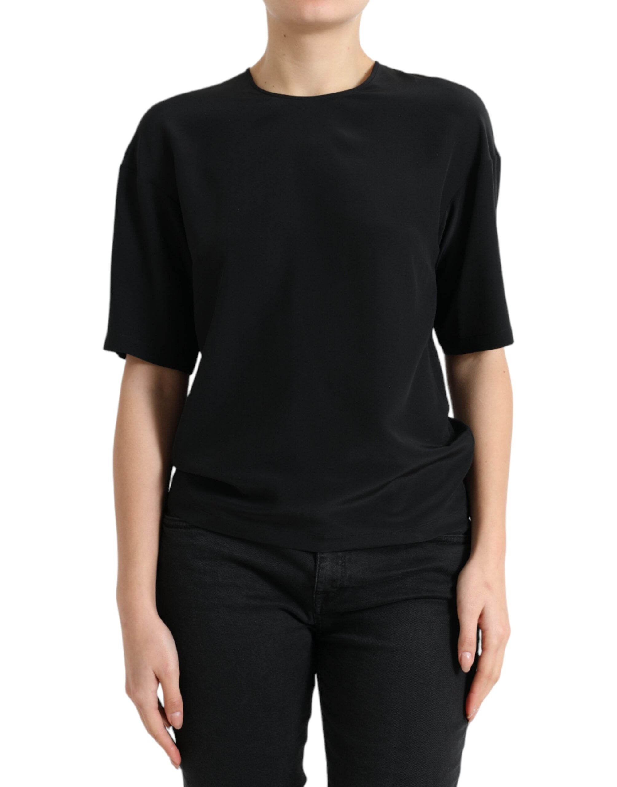 Zwarte zijden blouse met ronde hals en korte mouwen