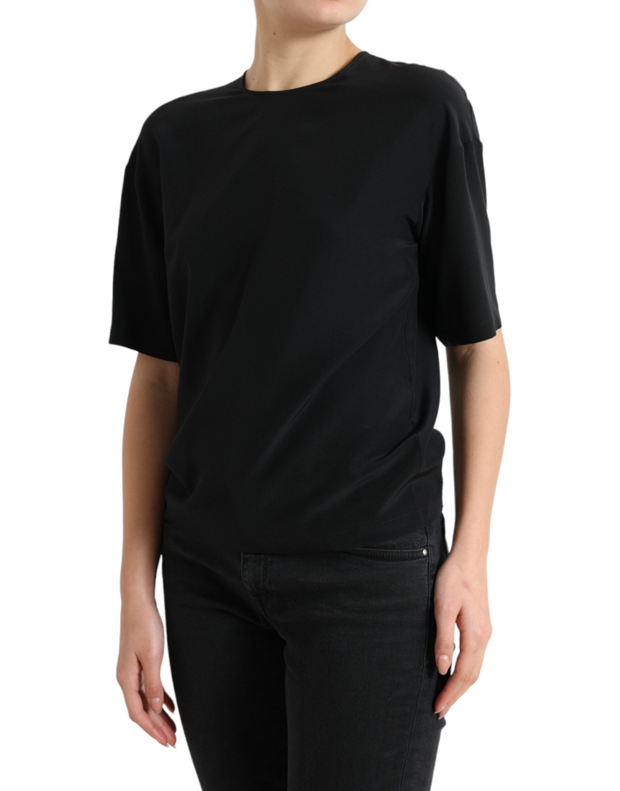 Zwarte zijden blouse met ronde hals en korte mouwen