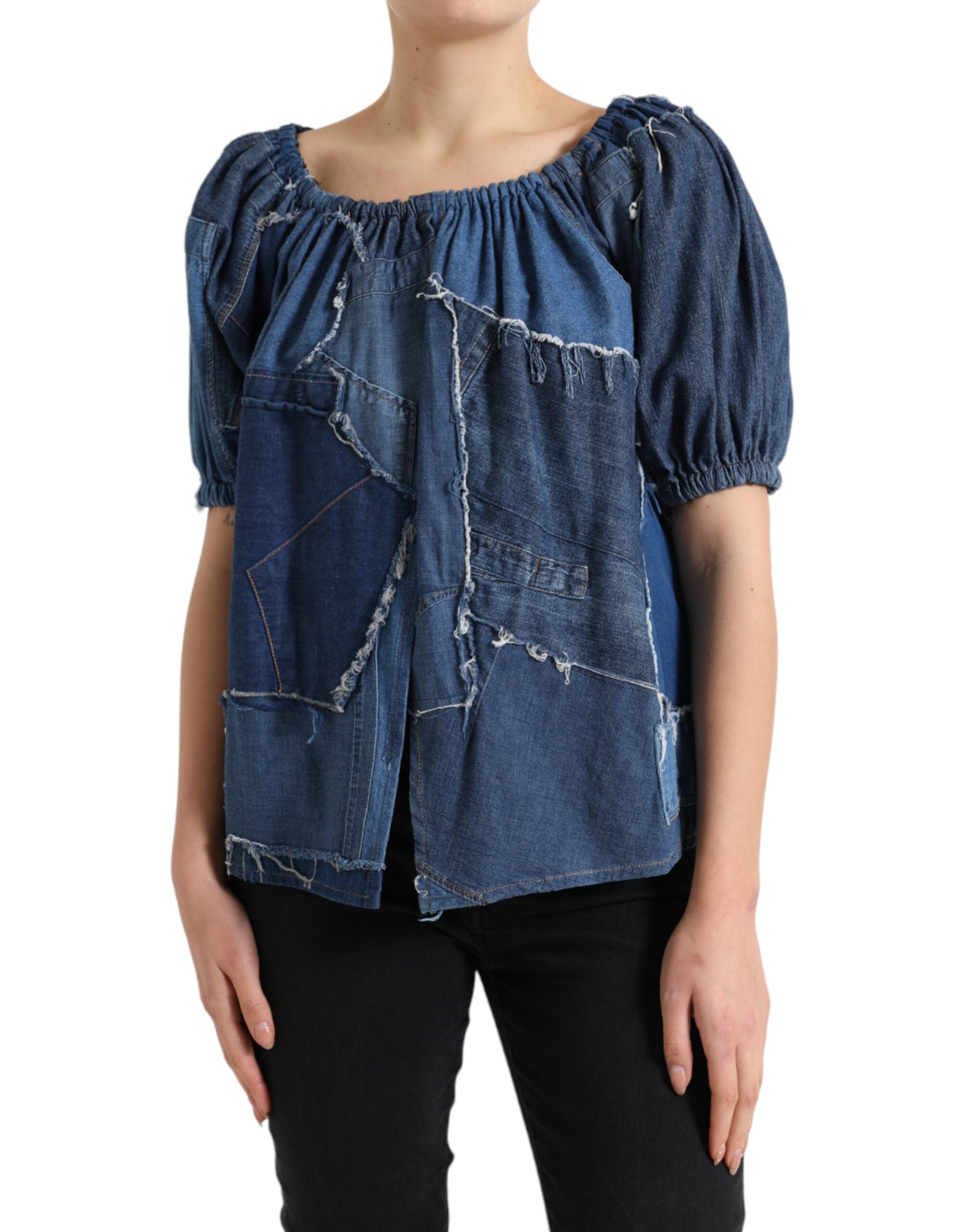 Blauwe patchwork denim blouse met korte mouwen