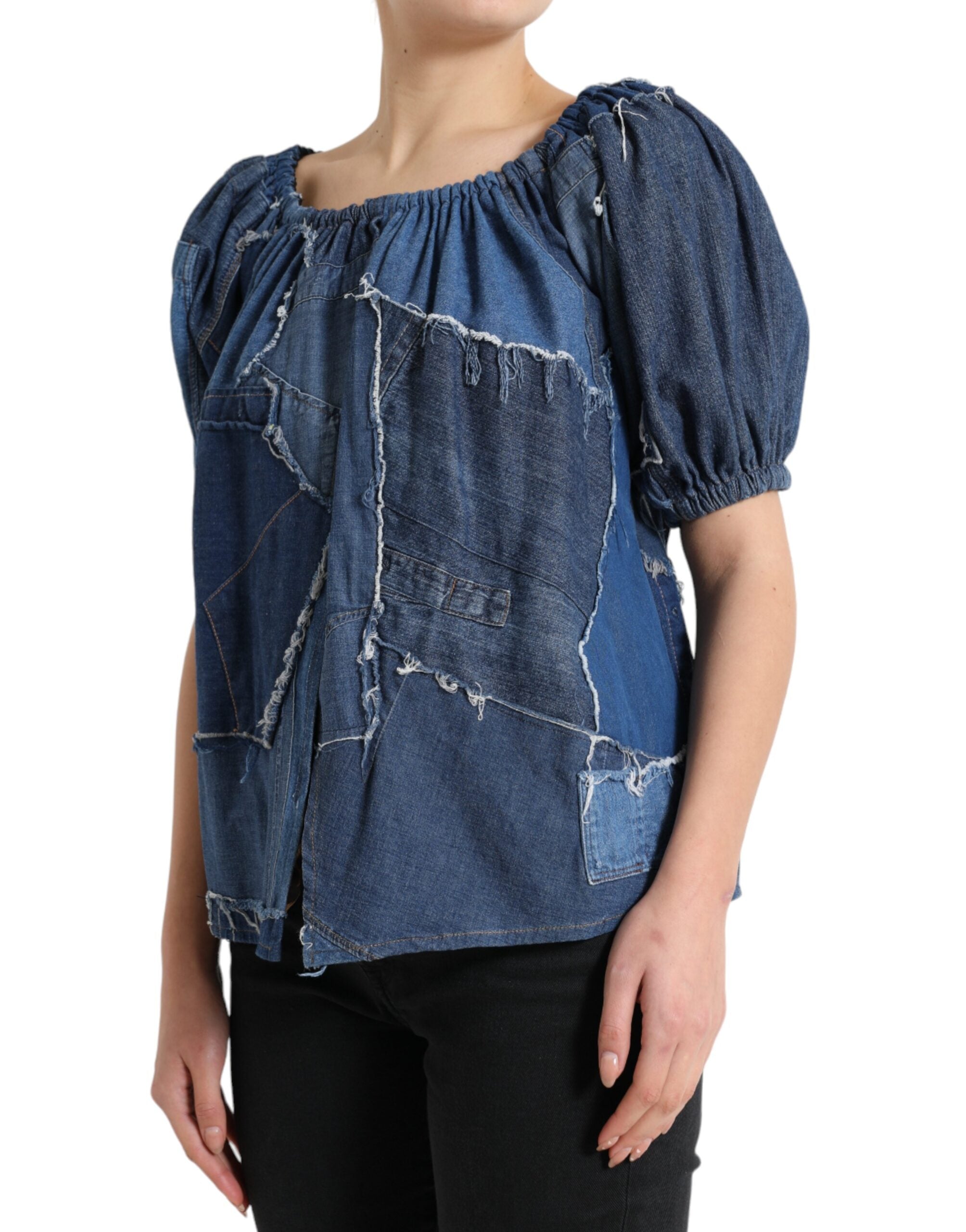 Blauwe patchwork denim blouse met korte mouwen