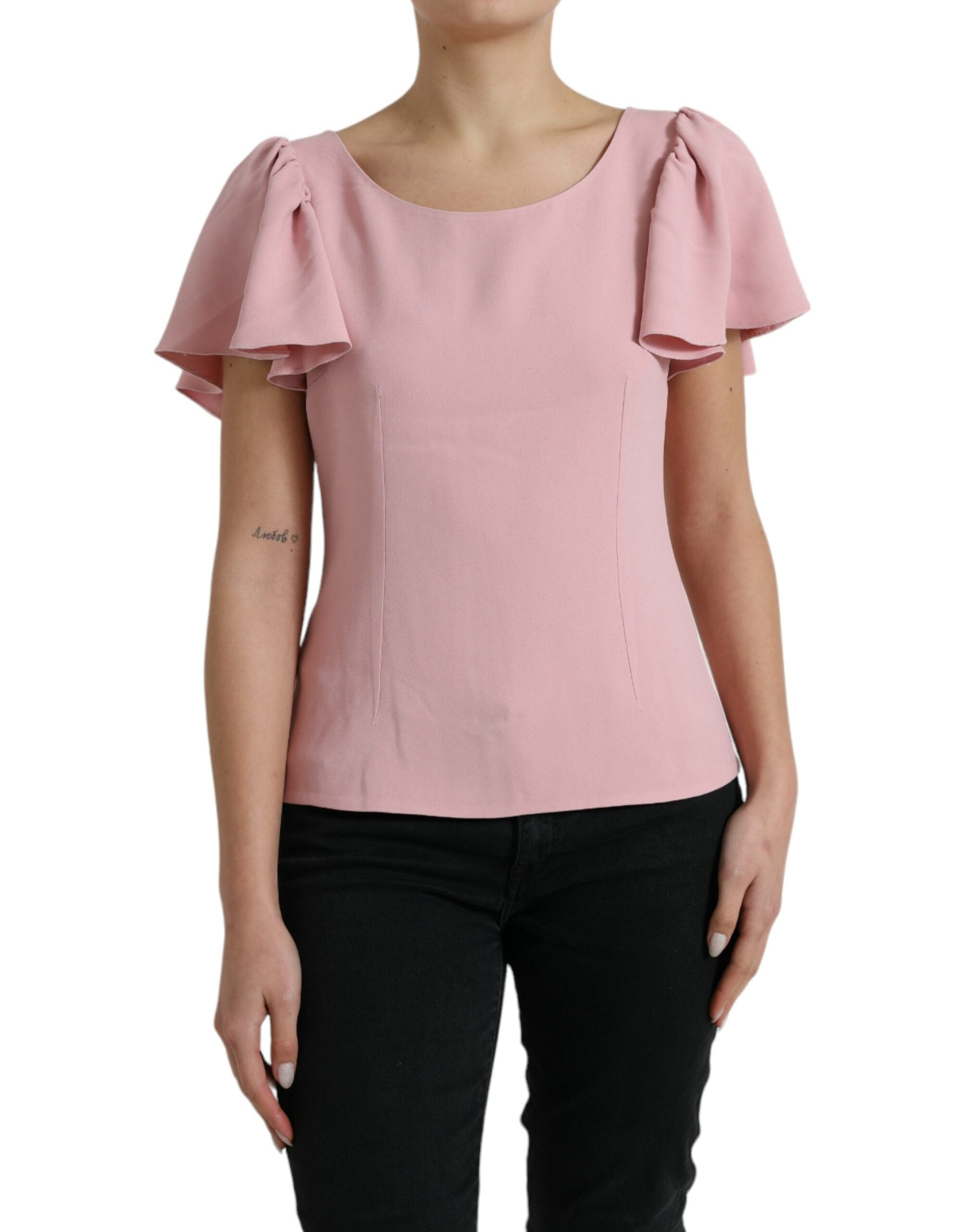 Roze blouse met korte mouwen en ronde hals