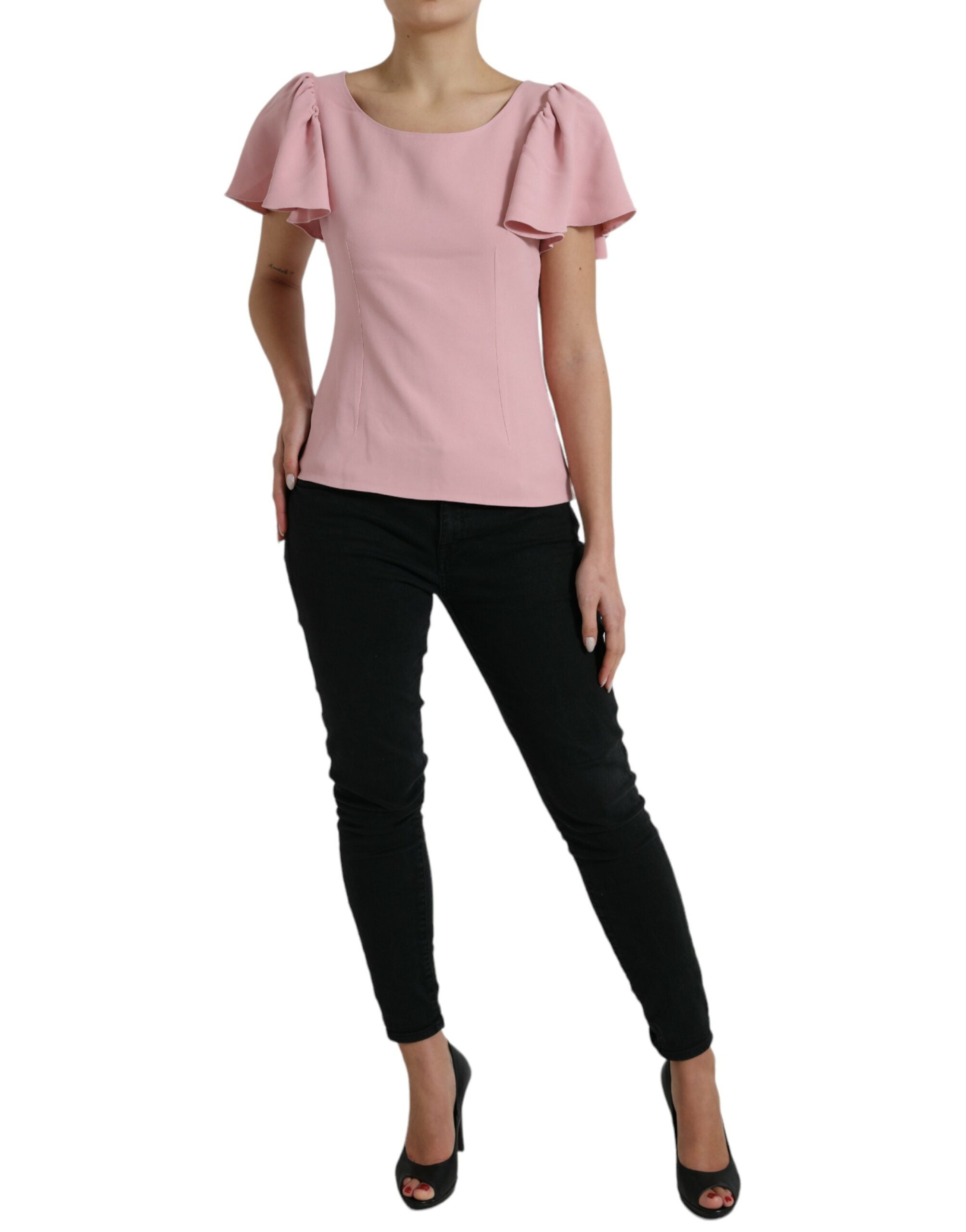 Roze blouse met korte mouwen en ronde hals