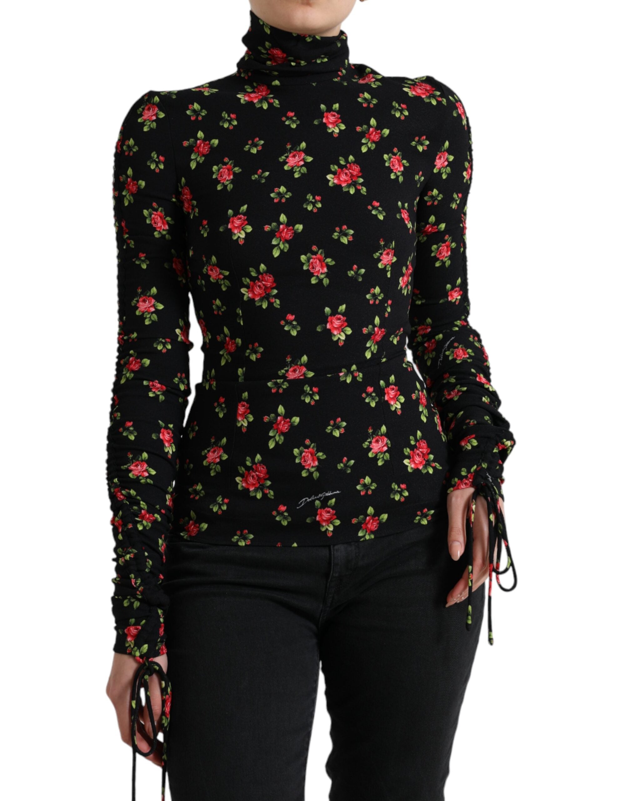 Zwarte blouse met col en rozenprint