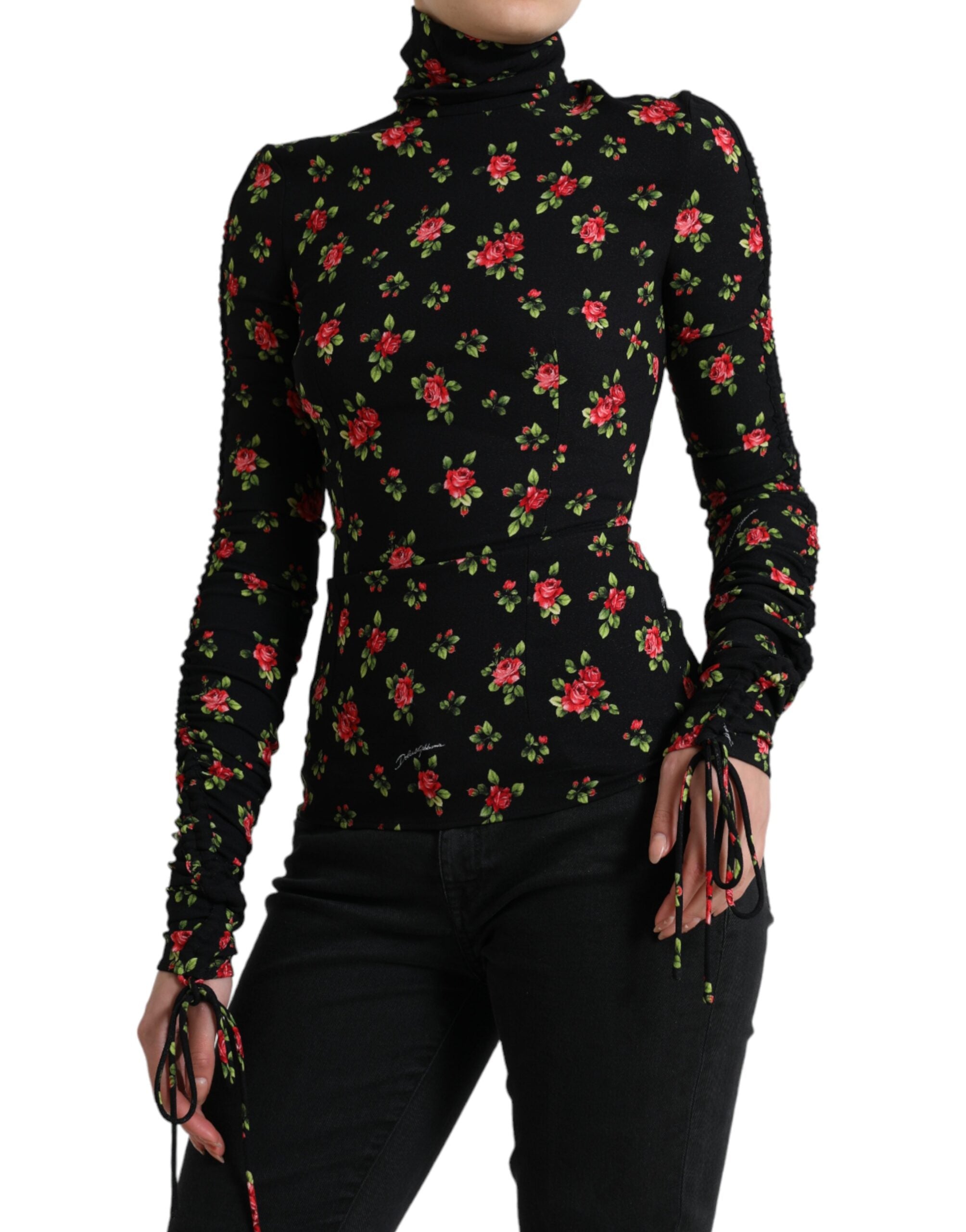 Zwarte blouse met col en rozenprint