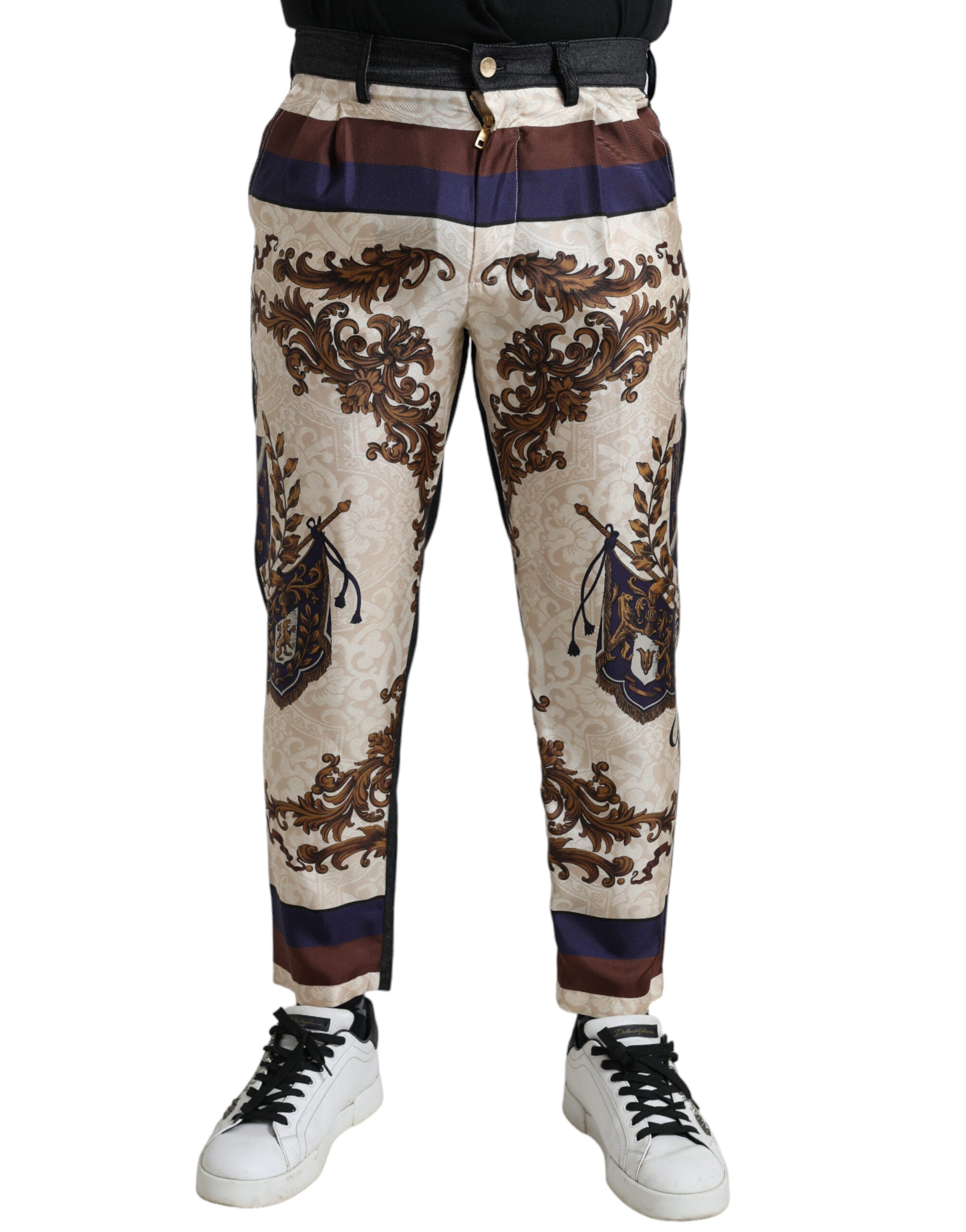 Veelkleurige heraldische skinny herenbroek