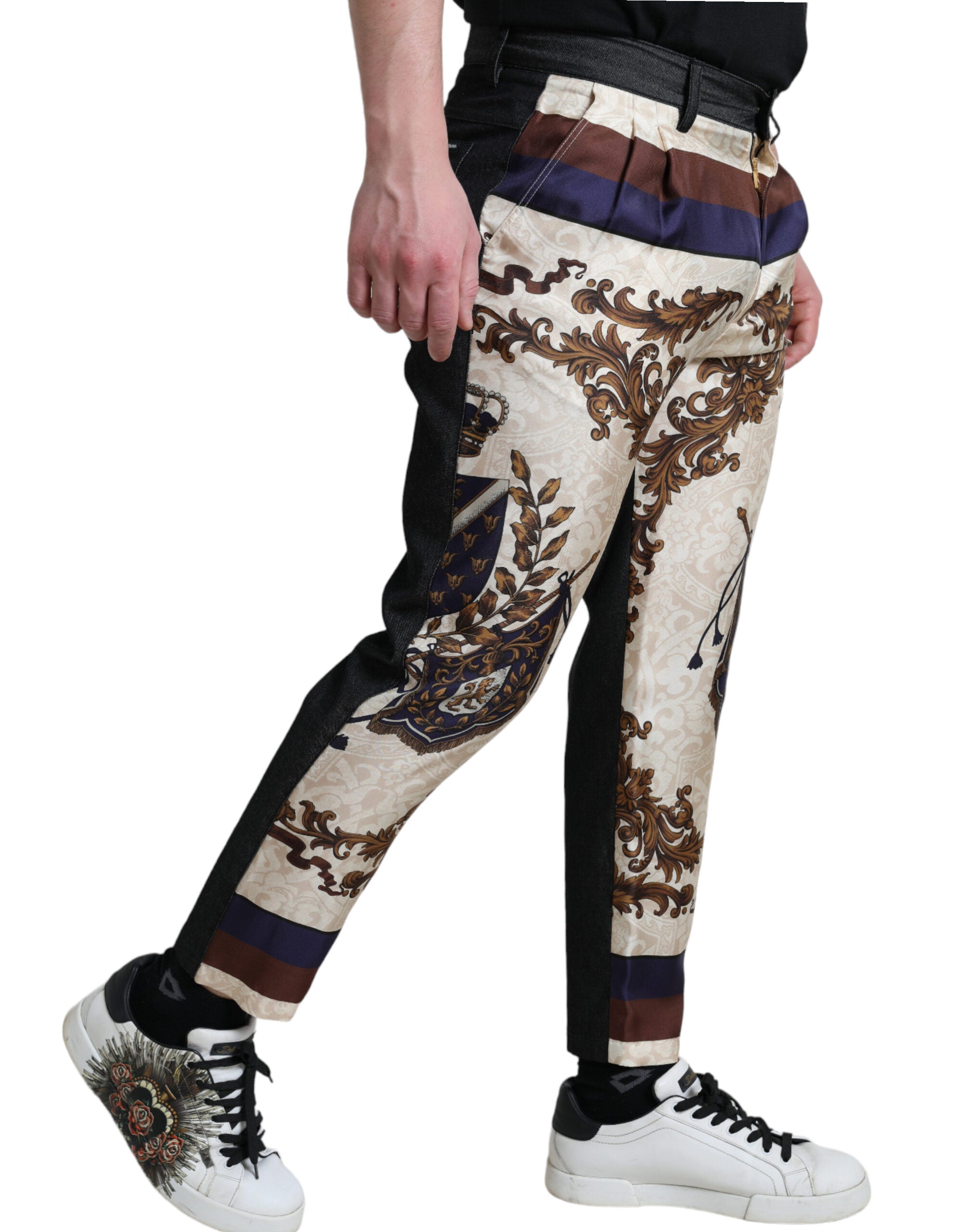 Veelkleurige heraldische skinny herenbroek