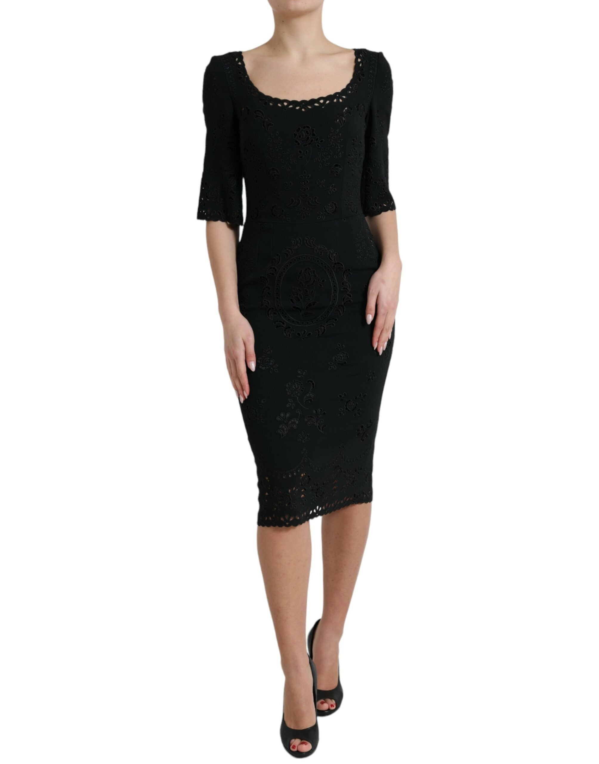Zwarte viscose bodycon midi-jurk met bloemenkant