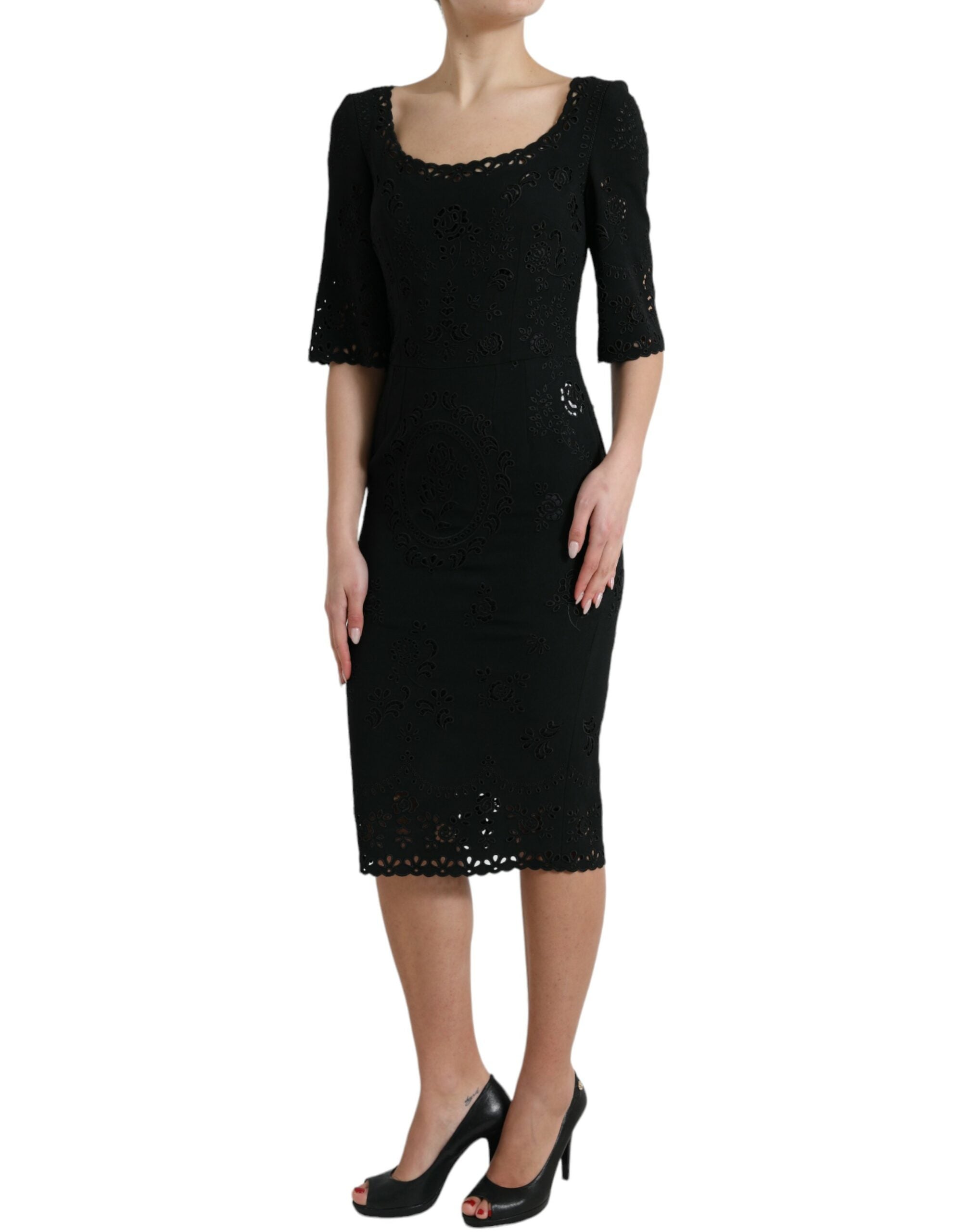 Zwarte viscose bodycon midi-jurk met bloemenkant