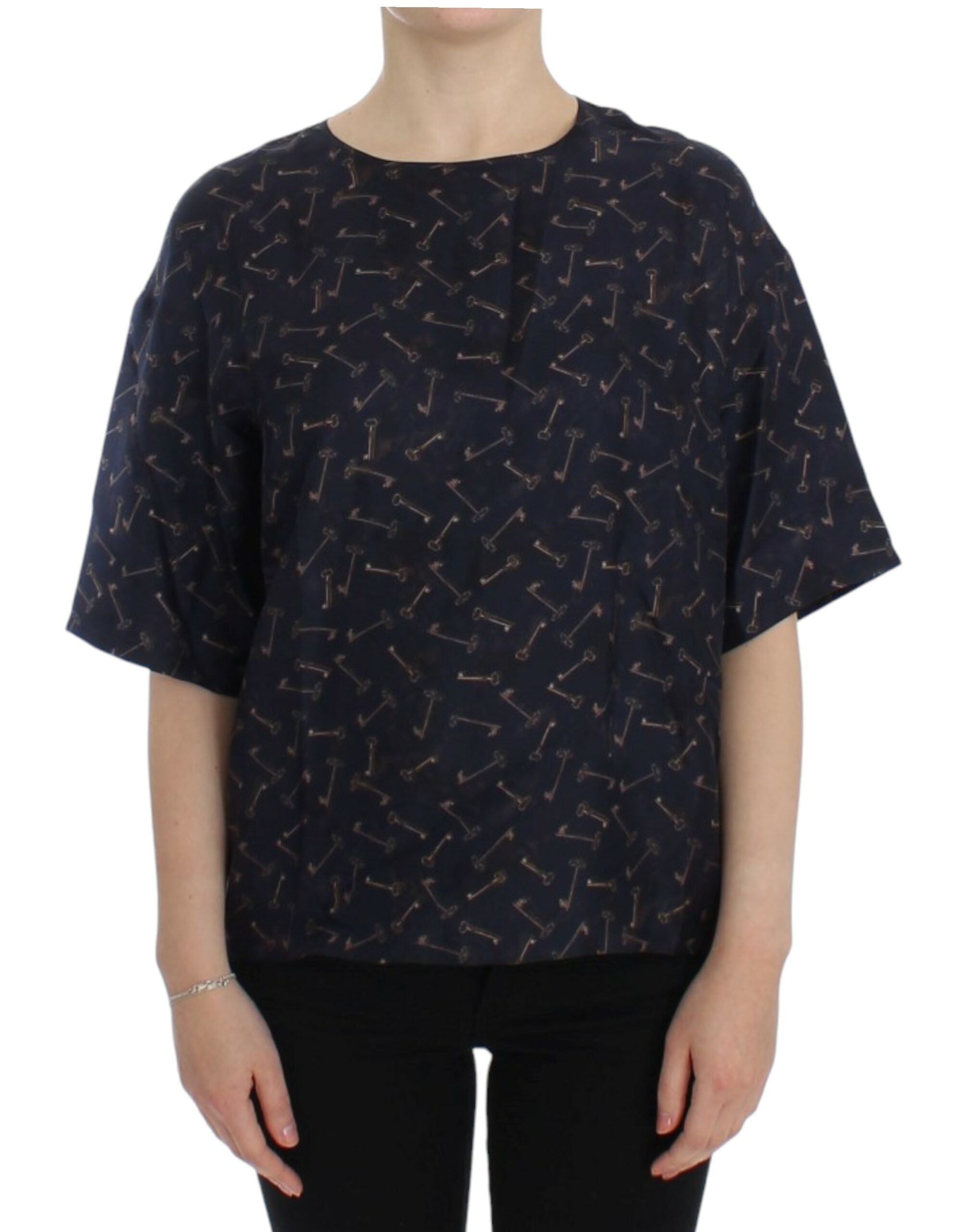 Blauwe zijden blouse met gouden sleutelprint