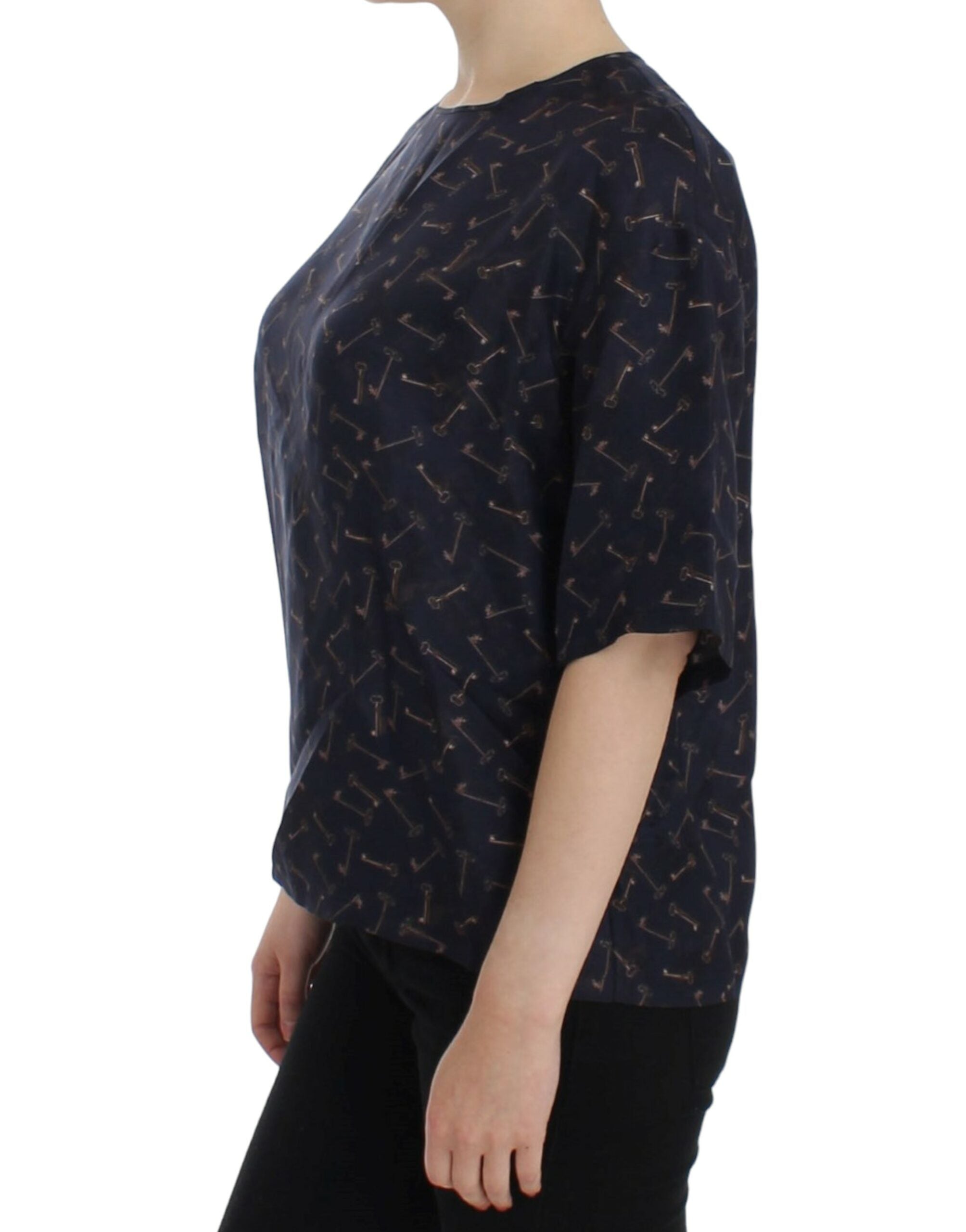 Blauwe zijden blouse met gouden sleutelprint