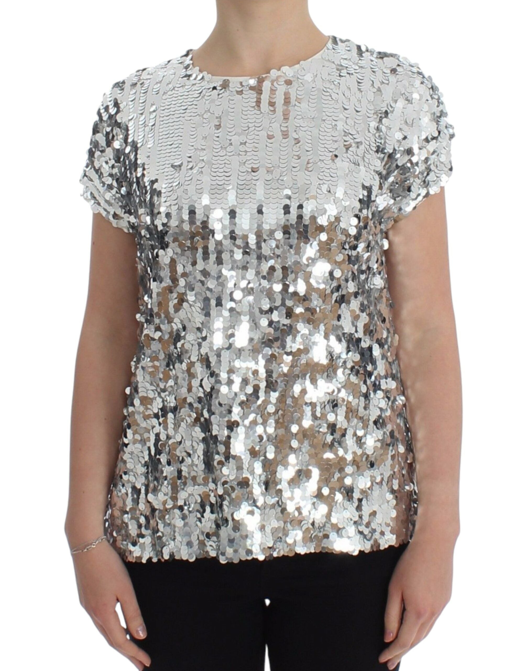 Zilveren blouse met ronde hals en pailletten, T-shirttop