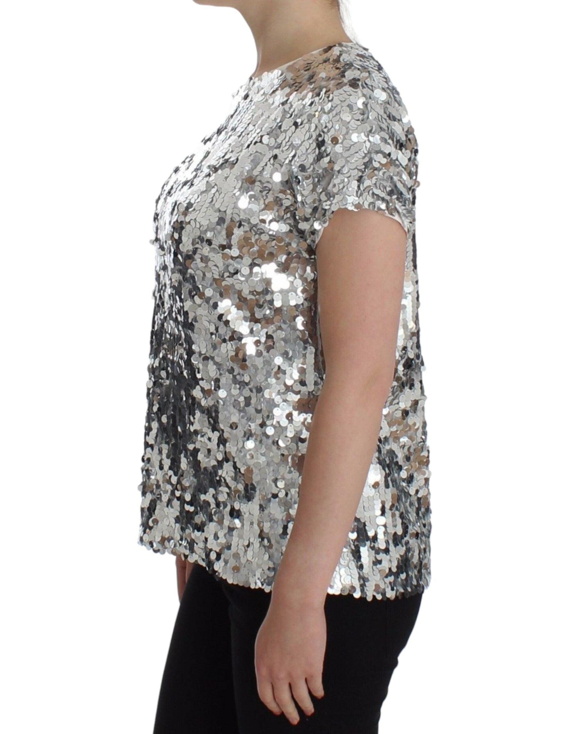 Zilveren blouse met ronde hals en pailletten, T-shirttop