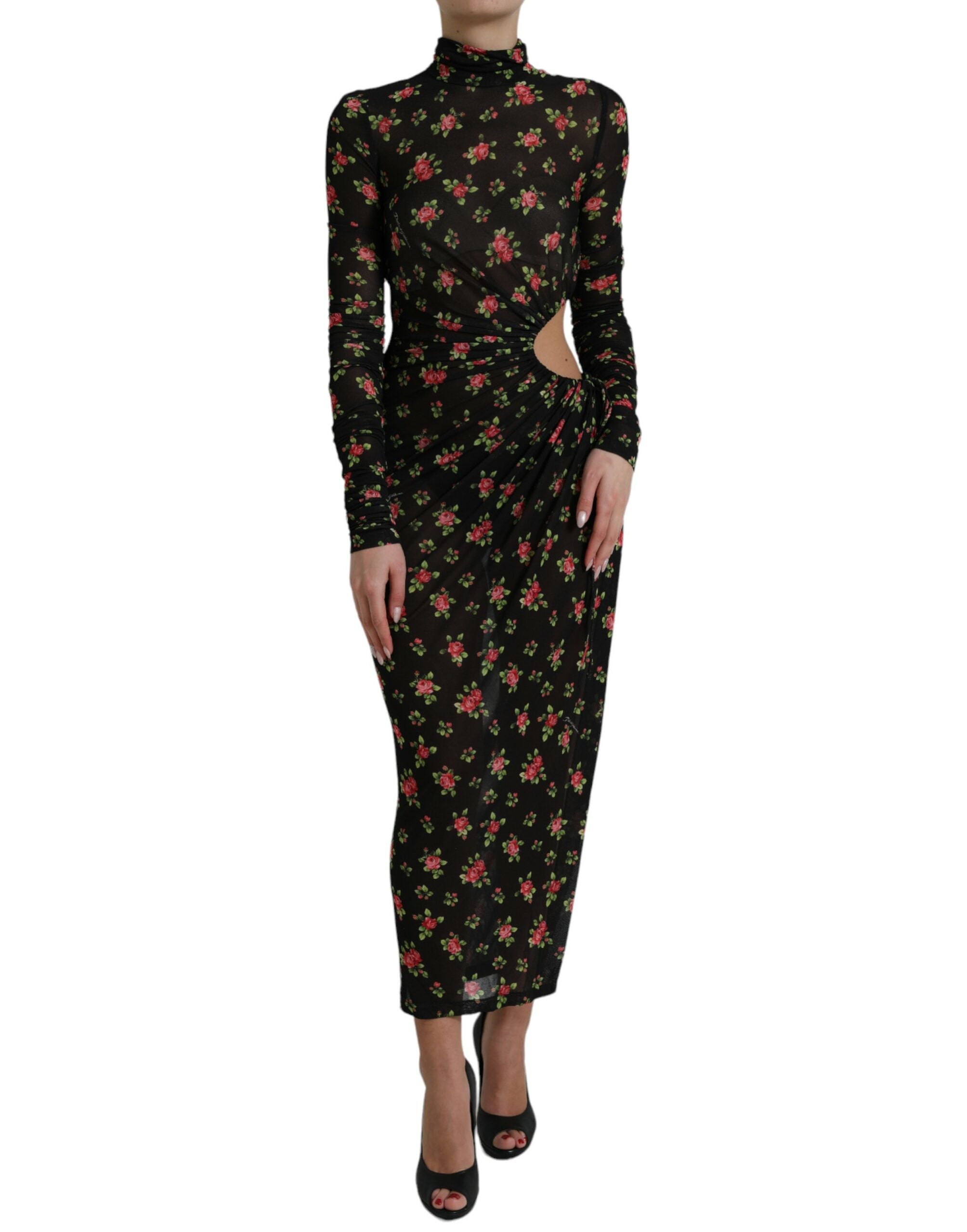 Zwarte maxi-jurk met bloemenprint en uitgesneden mouwen