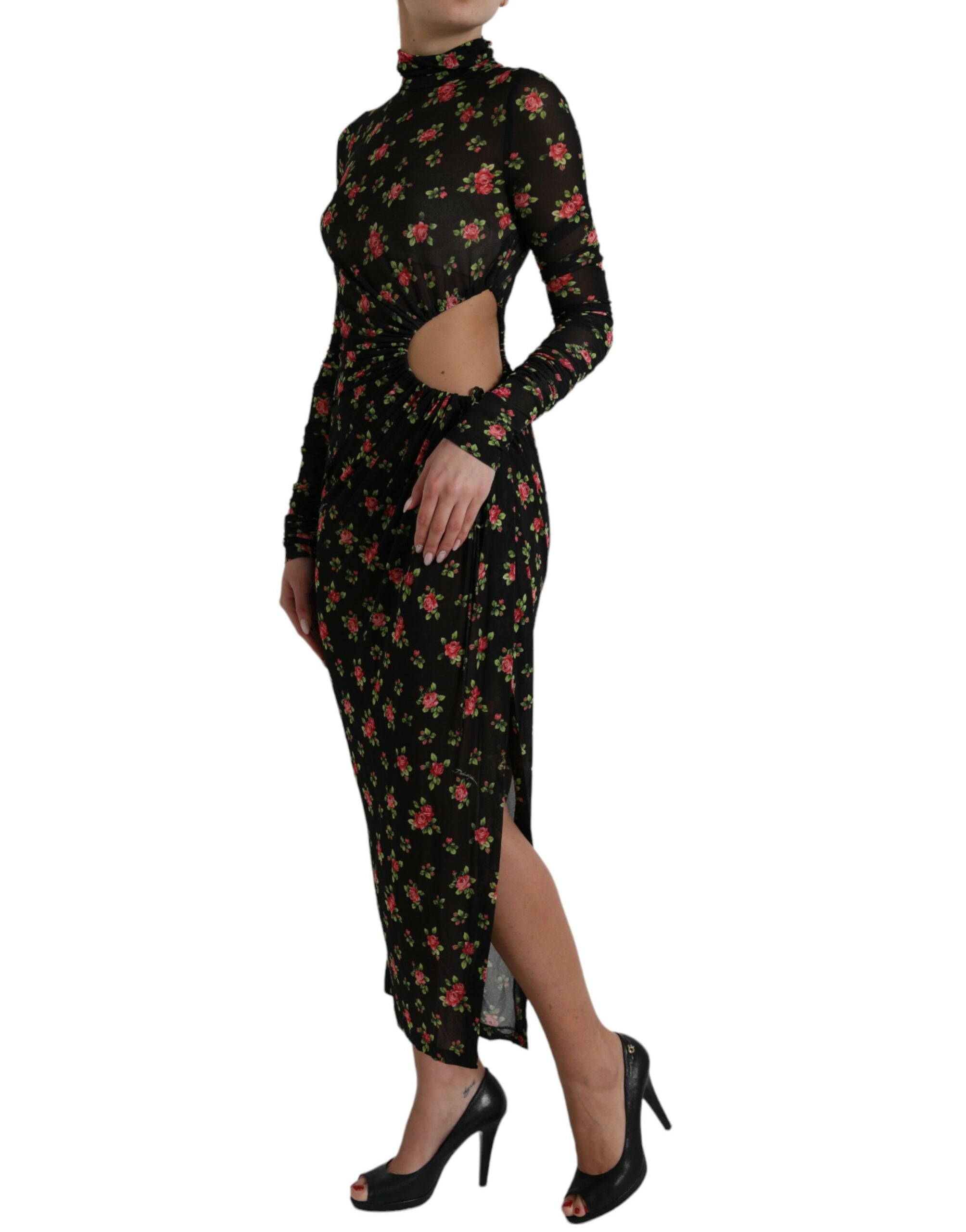 Zwarte maxi-jurk met bloemenprint en uitgesneden mouwen