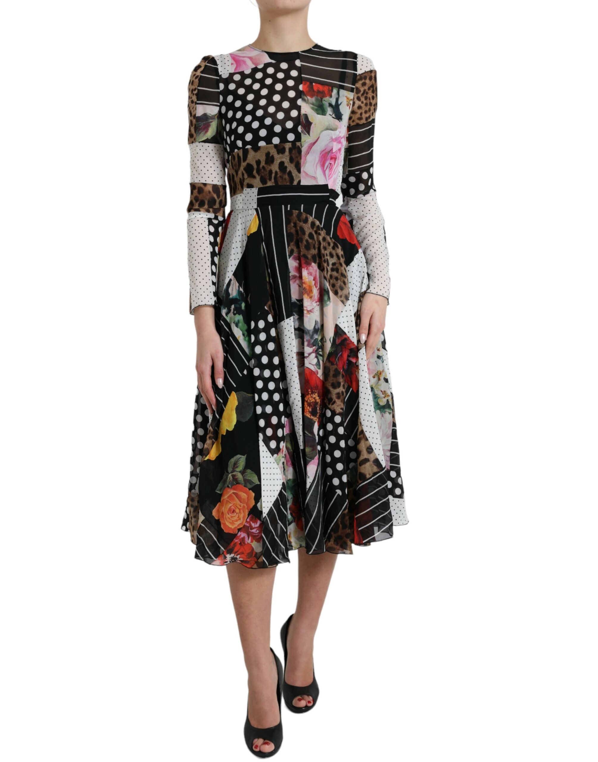 Veelkleurige patchwork bloemenluipaardjurk