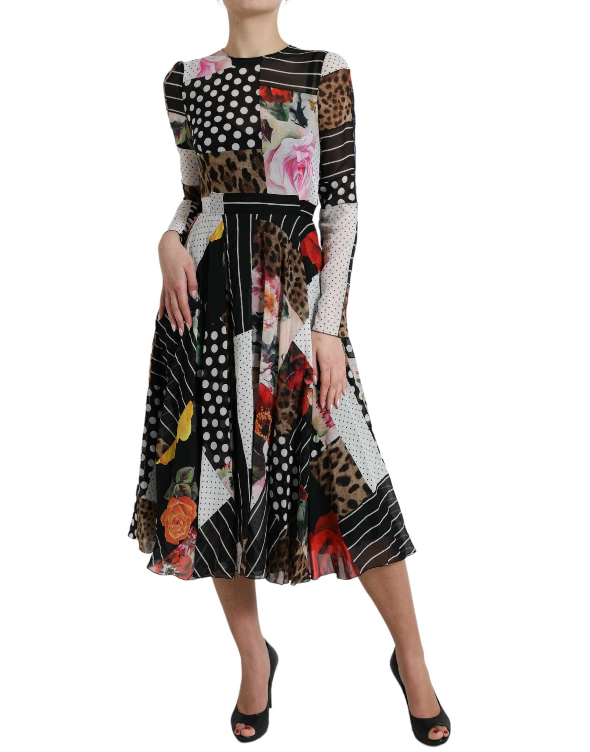 Veelkleurige patchwork bloemenluipaardjurk