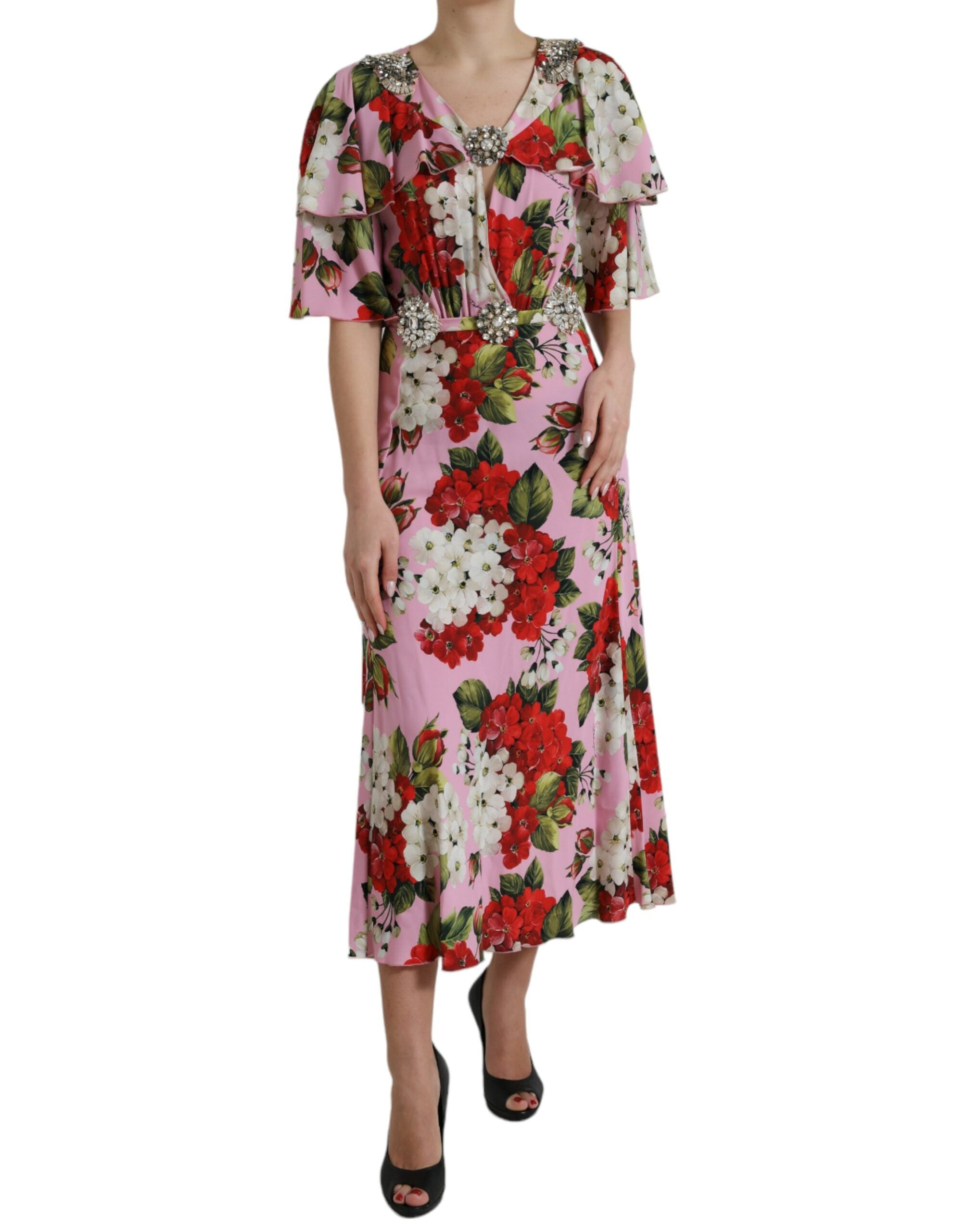 Multicolor A-lijn jurk met bloemen en kristallen