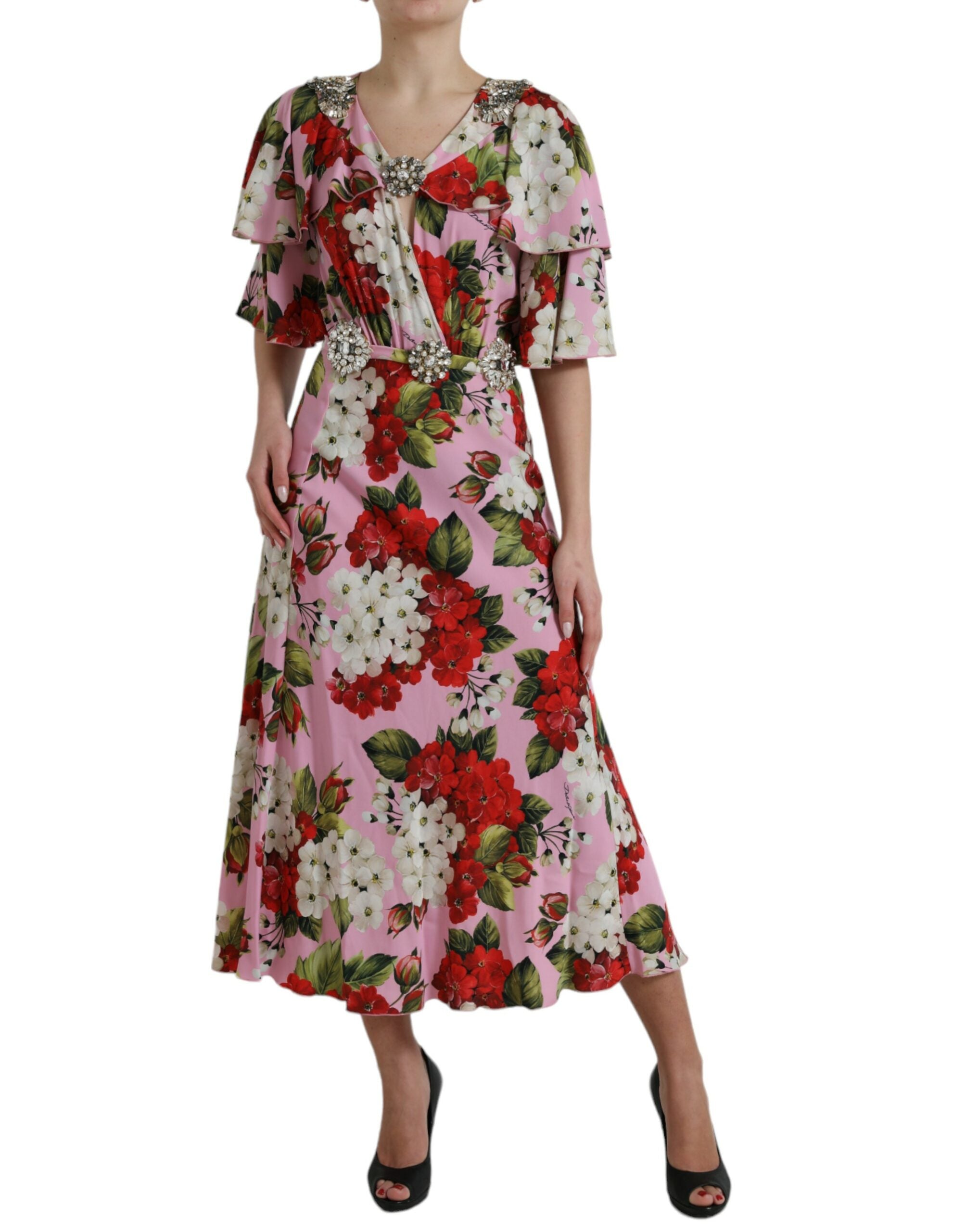 Multicolor A-lijn jurk met bloemen en kristallen