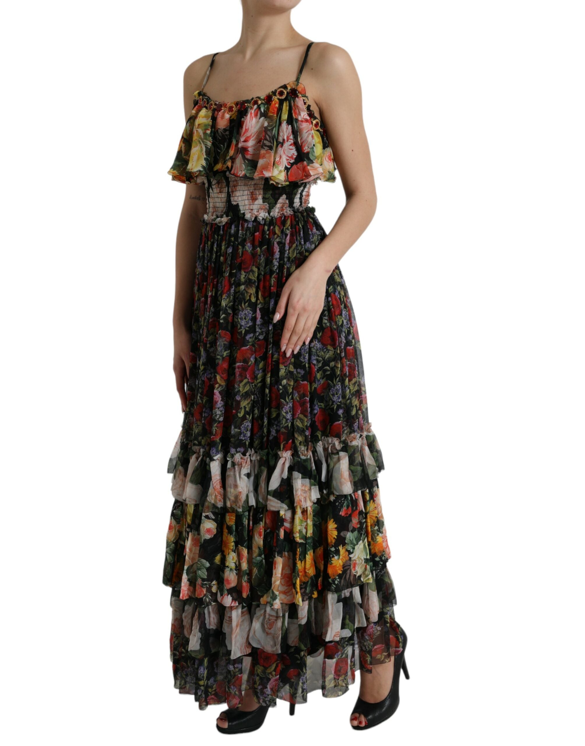 Multicolor bloemen chiffon gelaagde maxi-jurk
