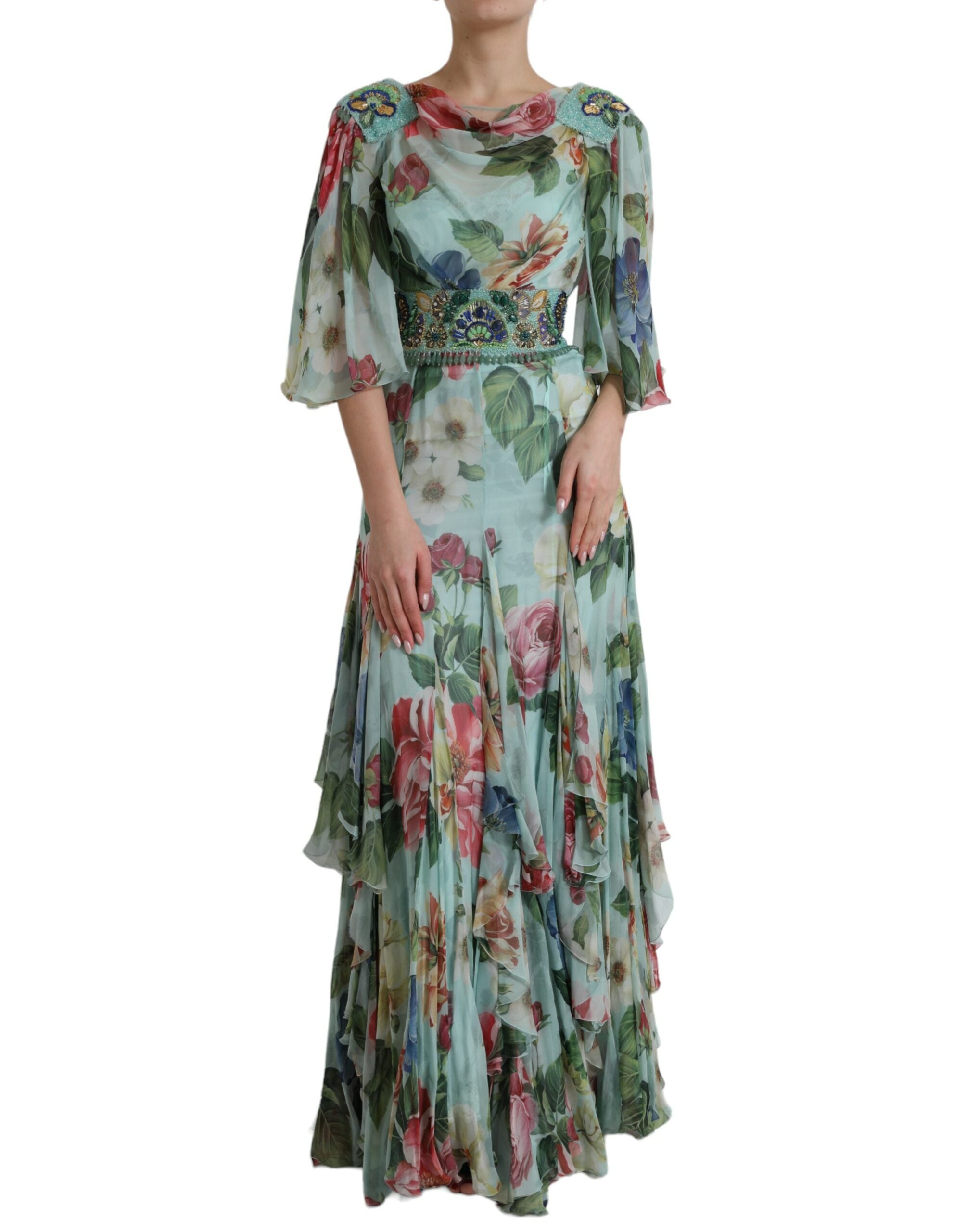 Blauwe bloemenprint gelaagde lange maxi-jurk