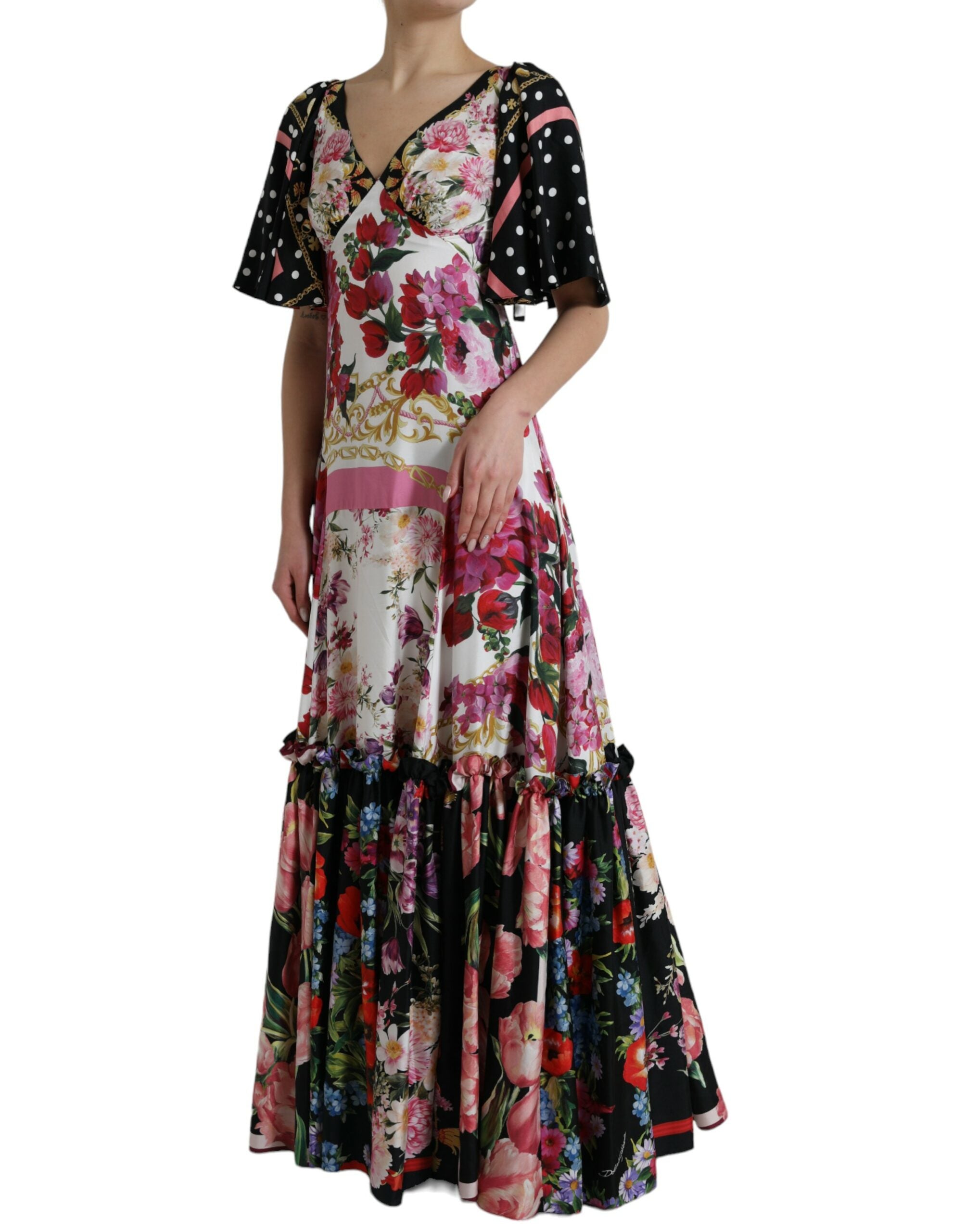 Jurk van zijden keperstof met veelkleurige bloemenprint