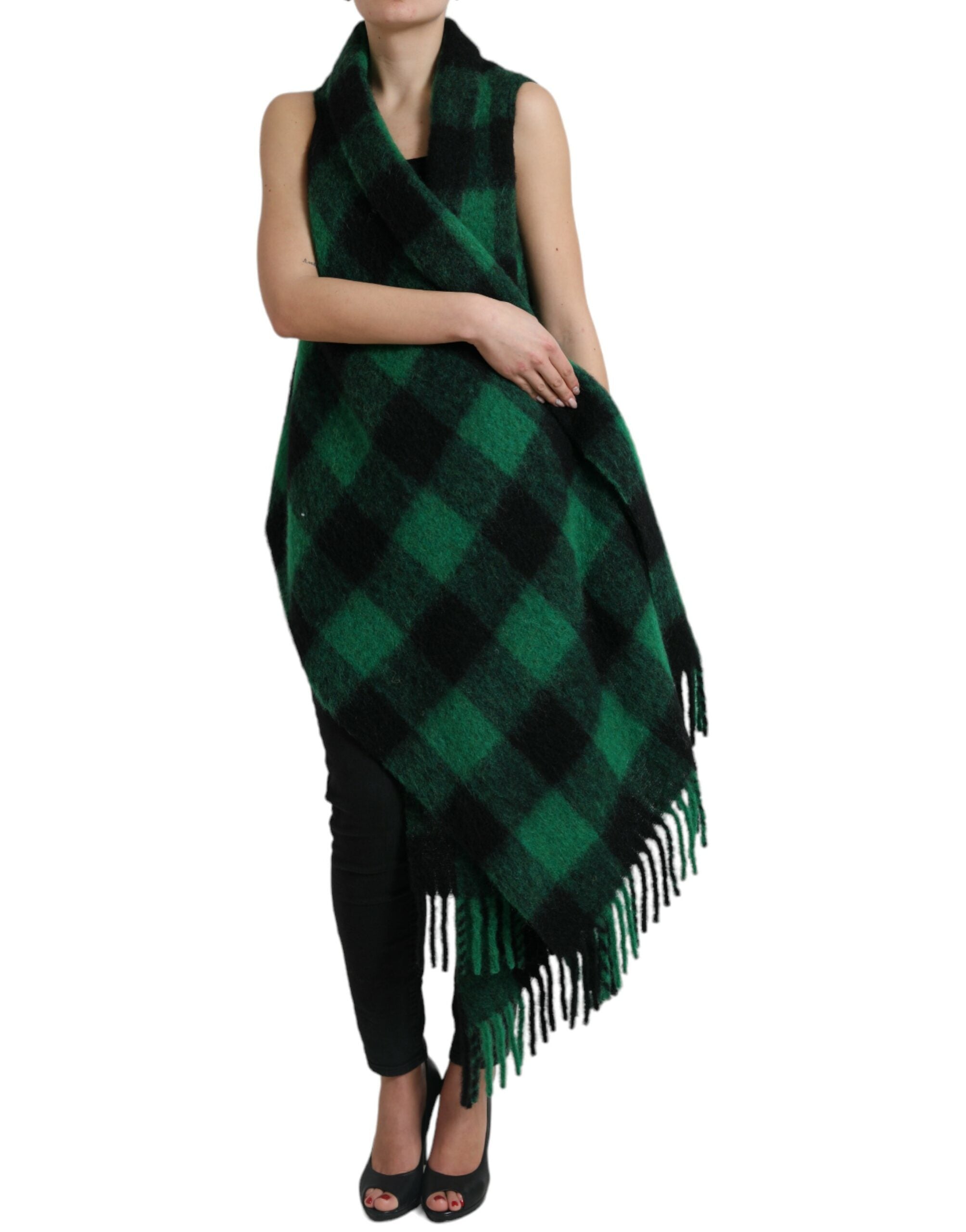 Zwarte groene buffalo ruit poncho jas