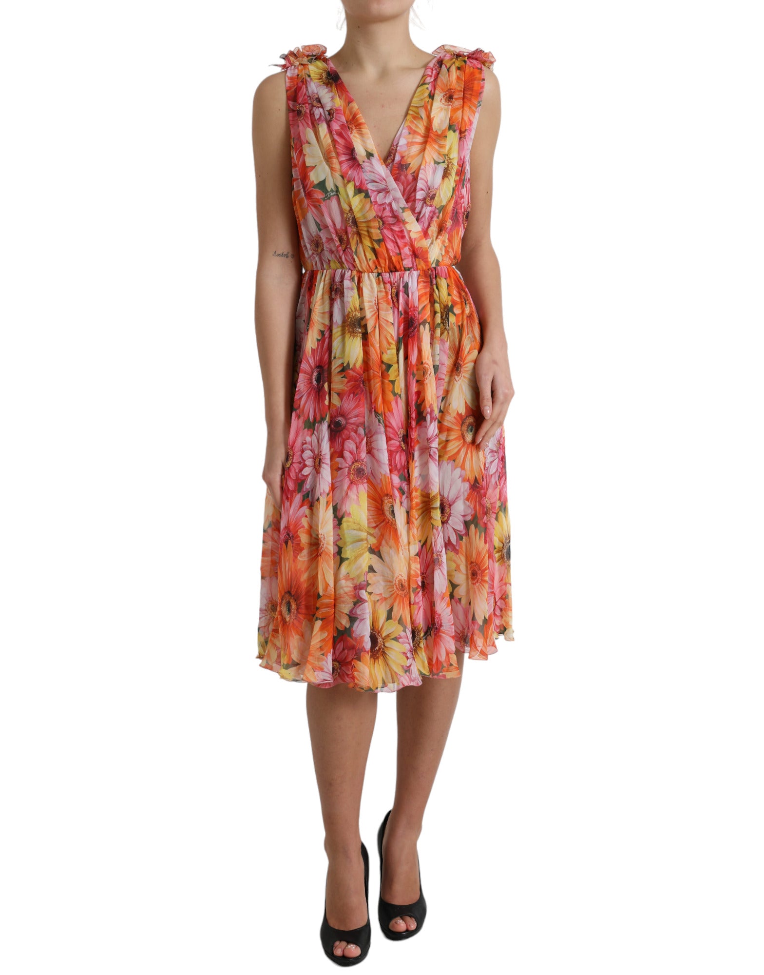 Multicolor zijden midi-jurk met zonnebloemprint